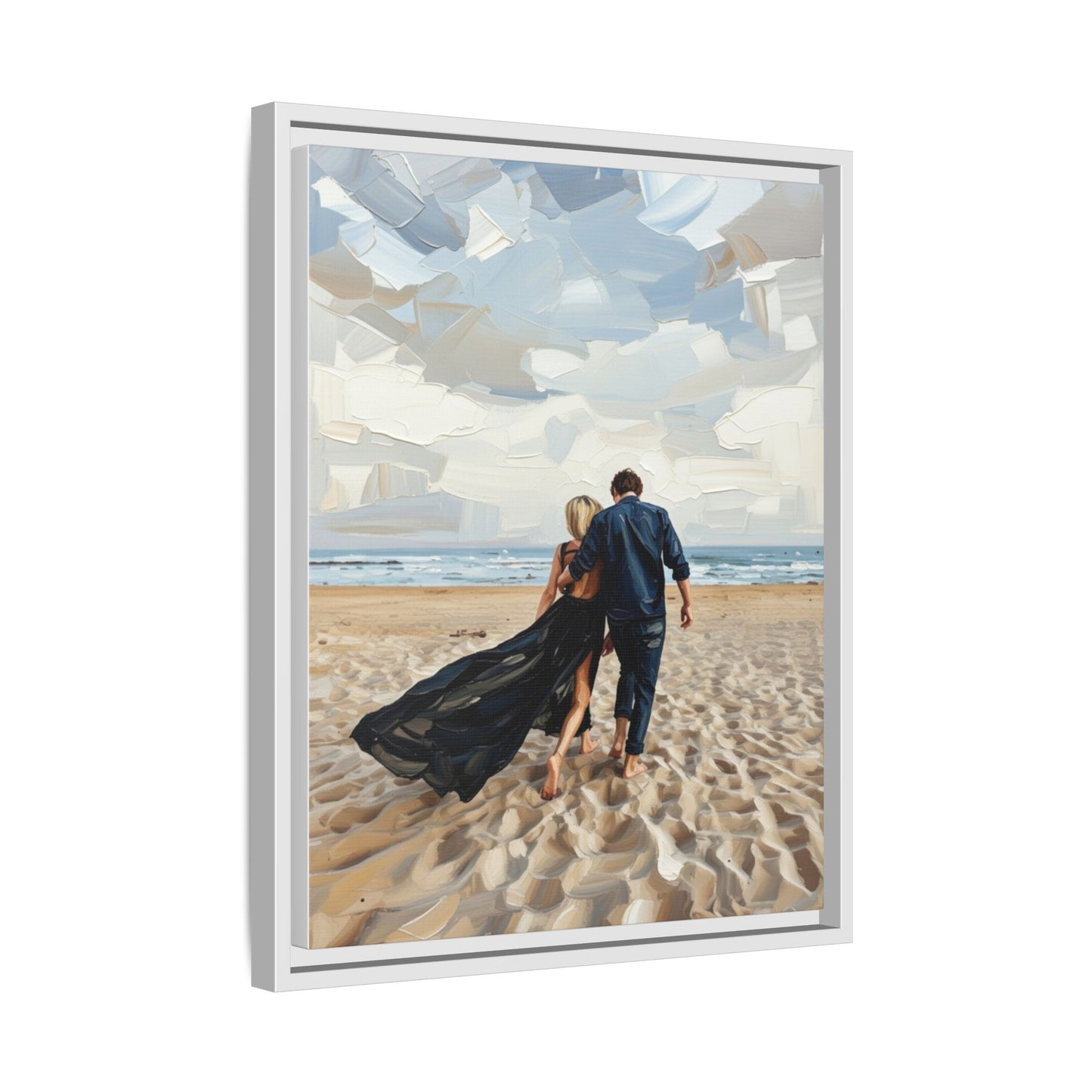 Framed Canvas Wall Art — Romantic Couple Walking on Beach Print