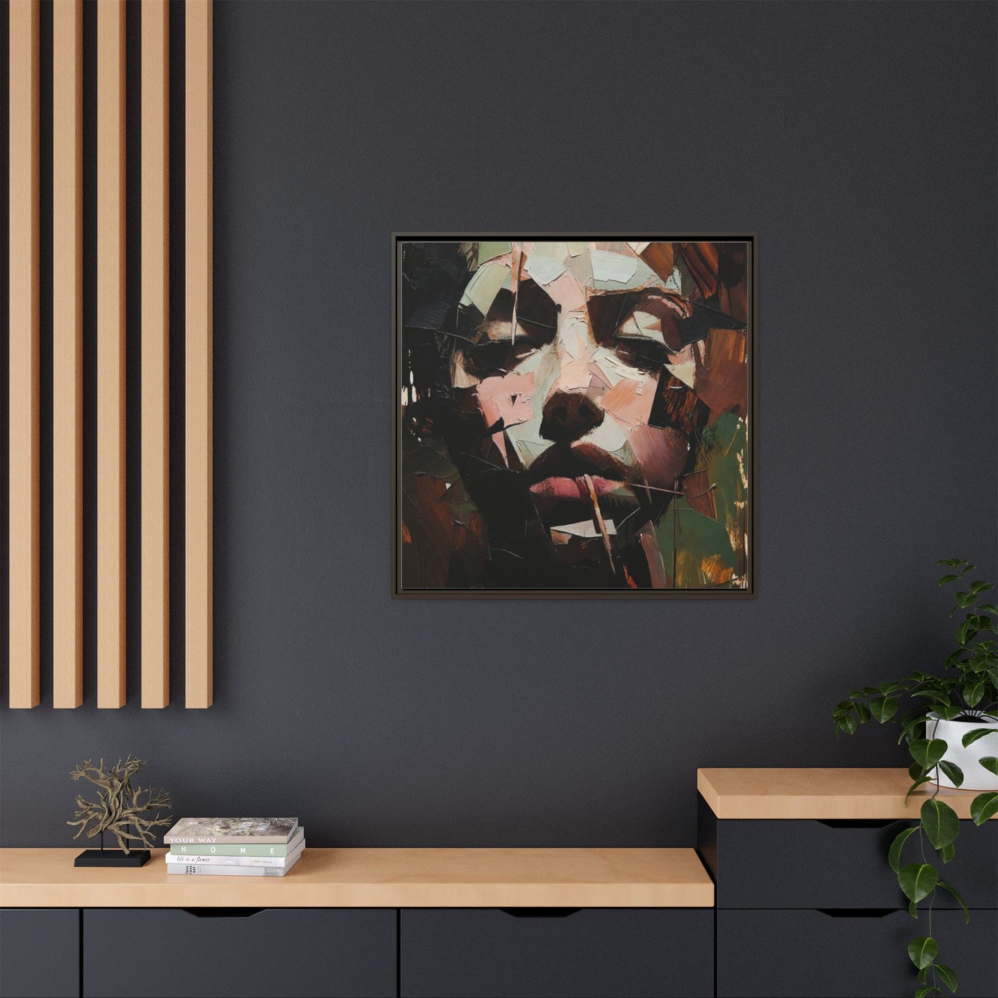 Matte Framed Canvas Art — Abstract Female Portrait, Moody Multicolor
