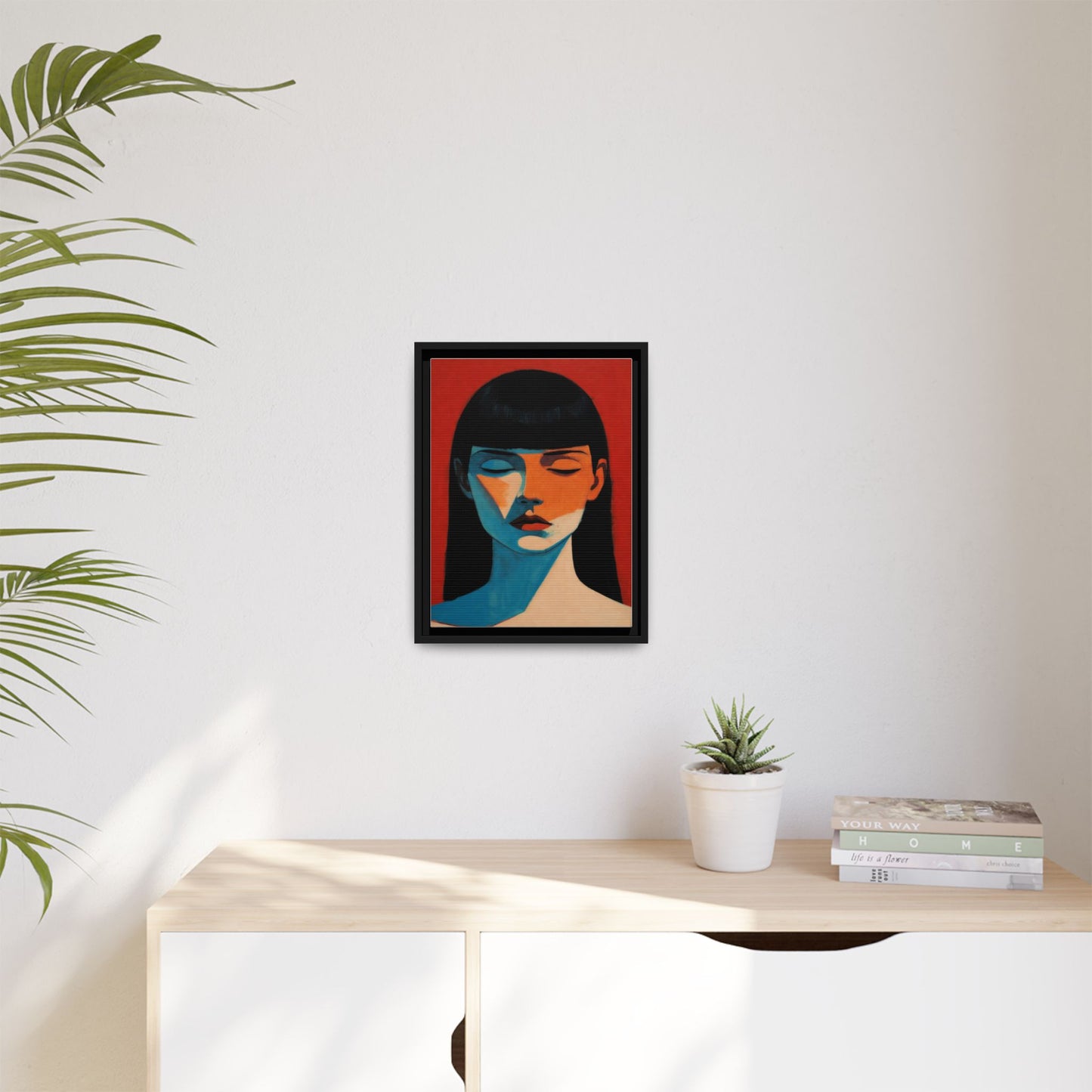 Framed Matte Canvas Art – Minimalist Portrait in Red & Teal