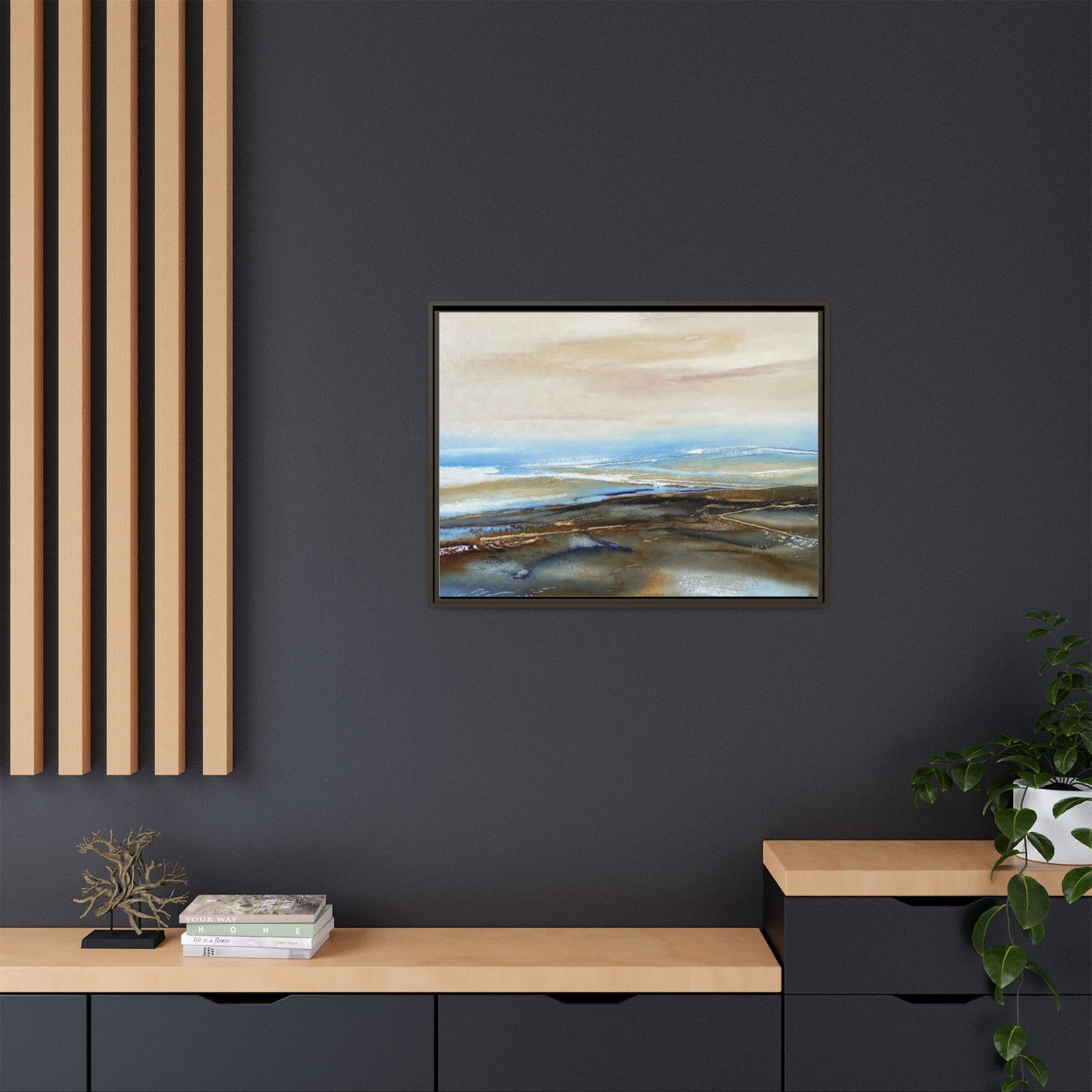 Framed Abstract Seascape Matte Canvas — Coastal Blue & Earth Tone Wall Art