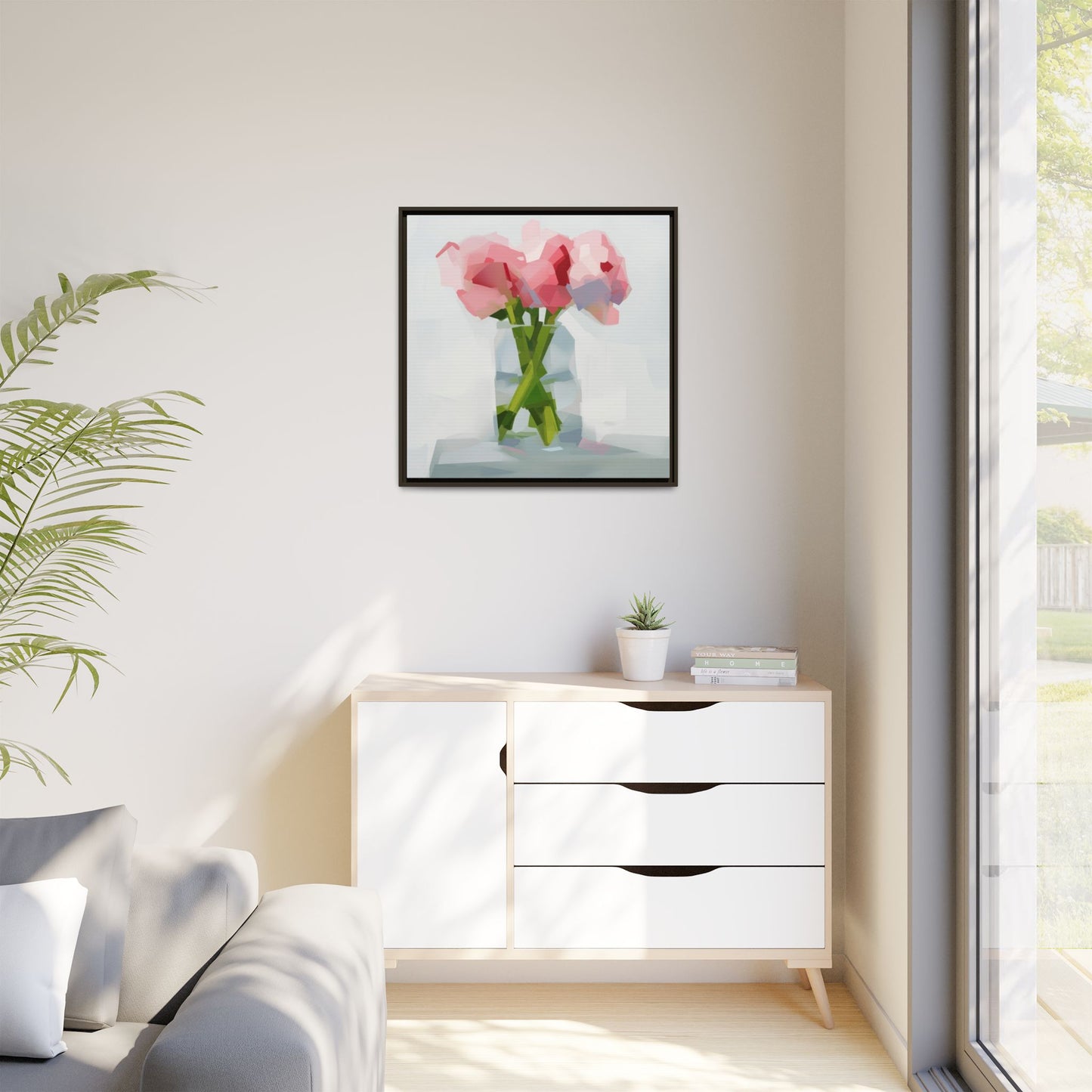 Framed Floral Canvas Art — Pink Peonies in Vase (Matte)