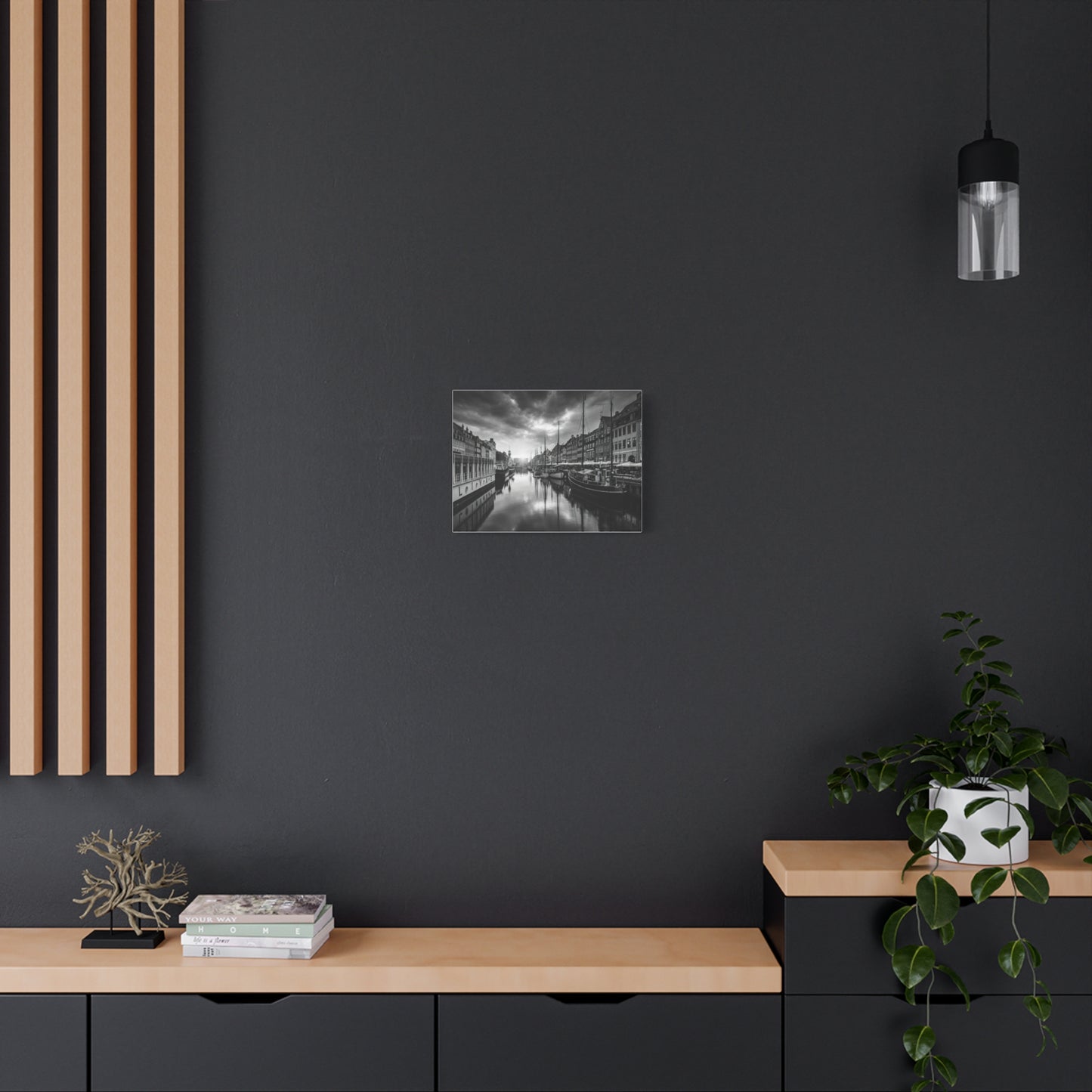 Black & White Harbor Canvas Print — Dramatic Copenhagen Cityscape Wall Art