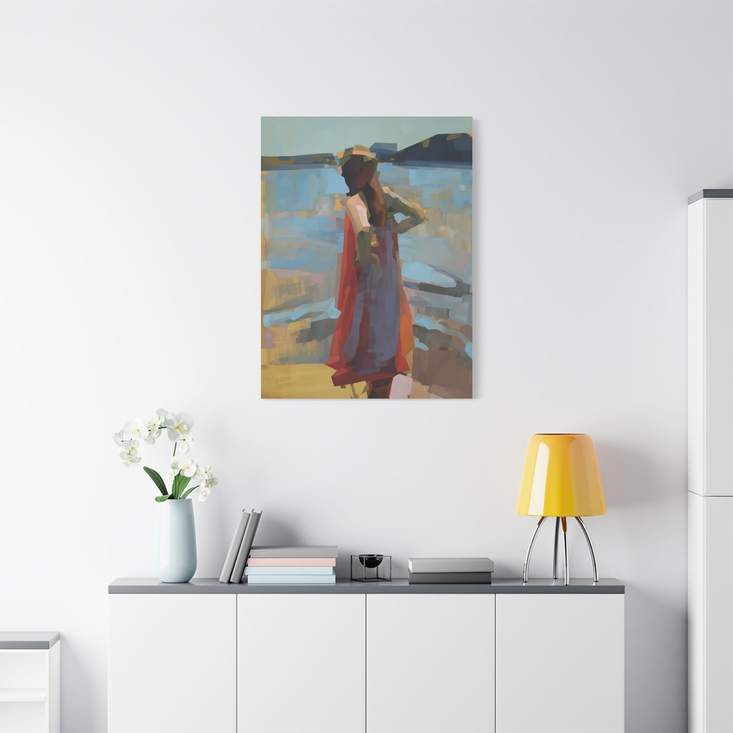 Coastal Stroll Matte Canvas Print — Abstract Woman in Red Dress, Stretched 1.25"