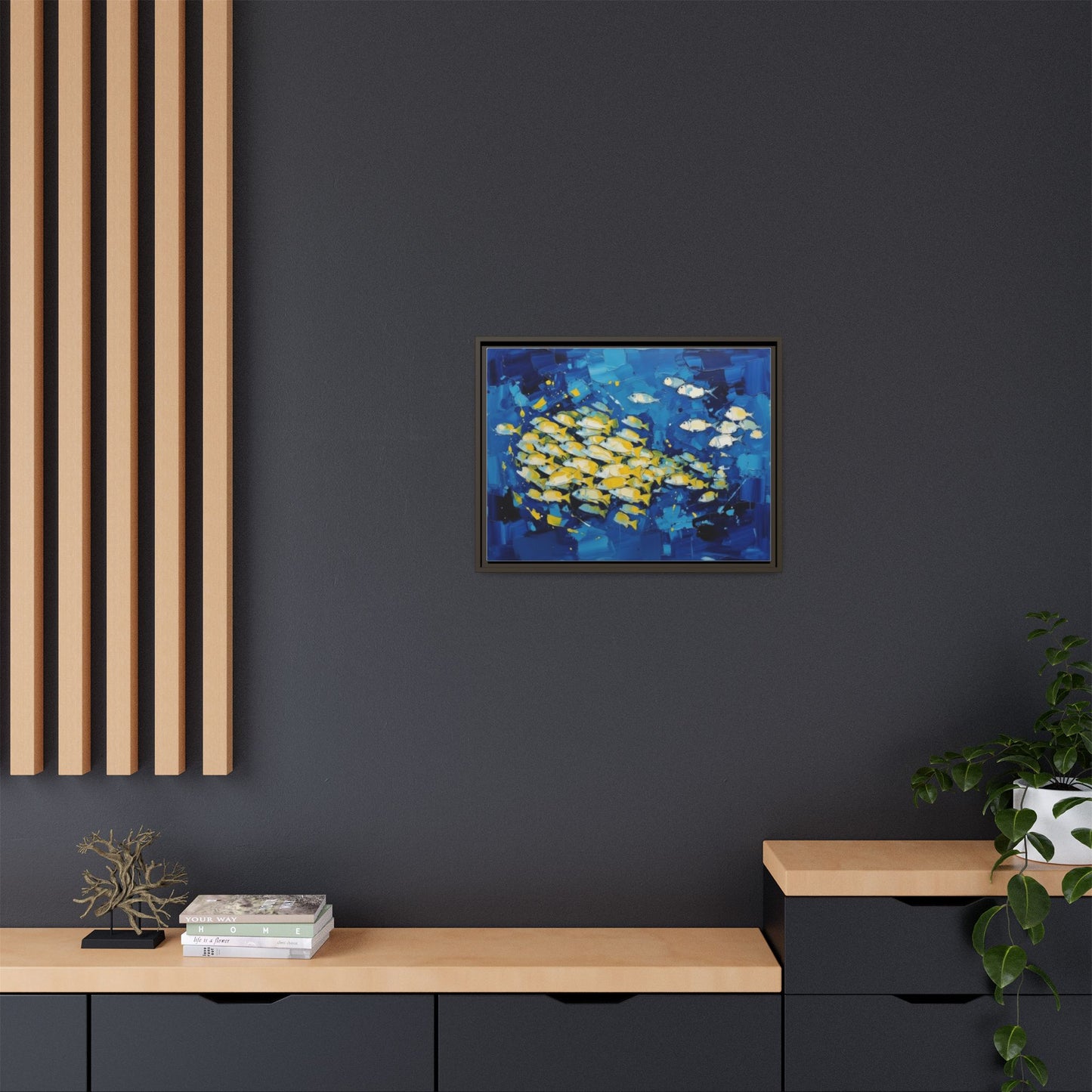 Framed Matte Canvas: Blue School of Fish Wall Art