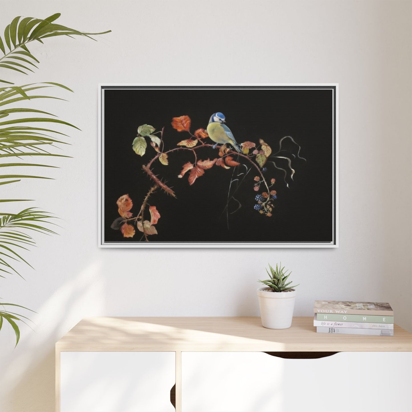 Framed Matte Canvas - Blue Tit on Autumn Branch Wall Art