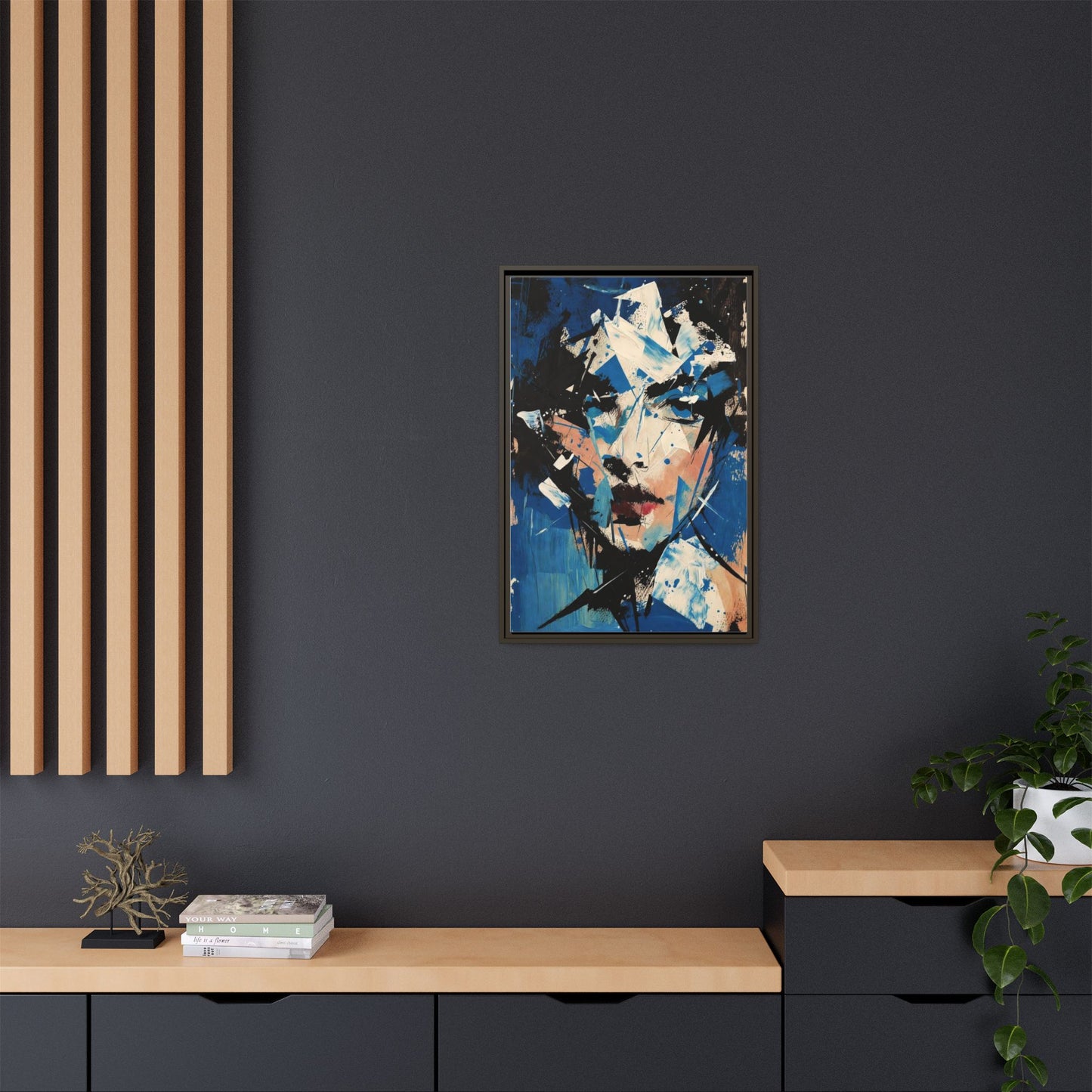 Abstract Portrait Matte Canvas Framed Wall Art — Blue Mixed-Media Face Print