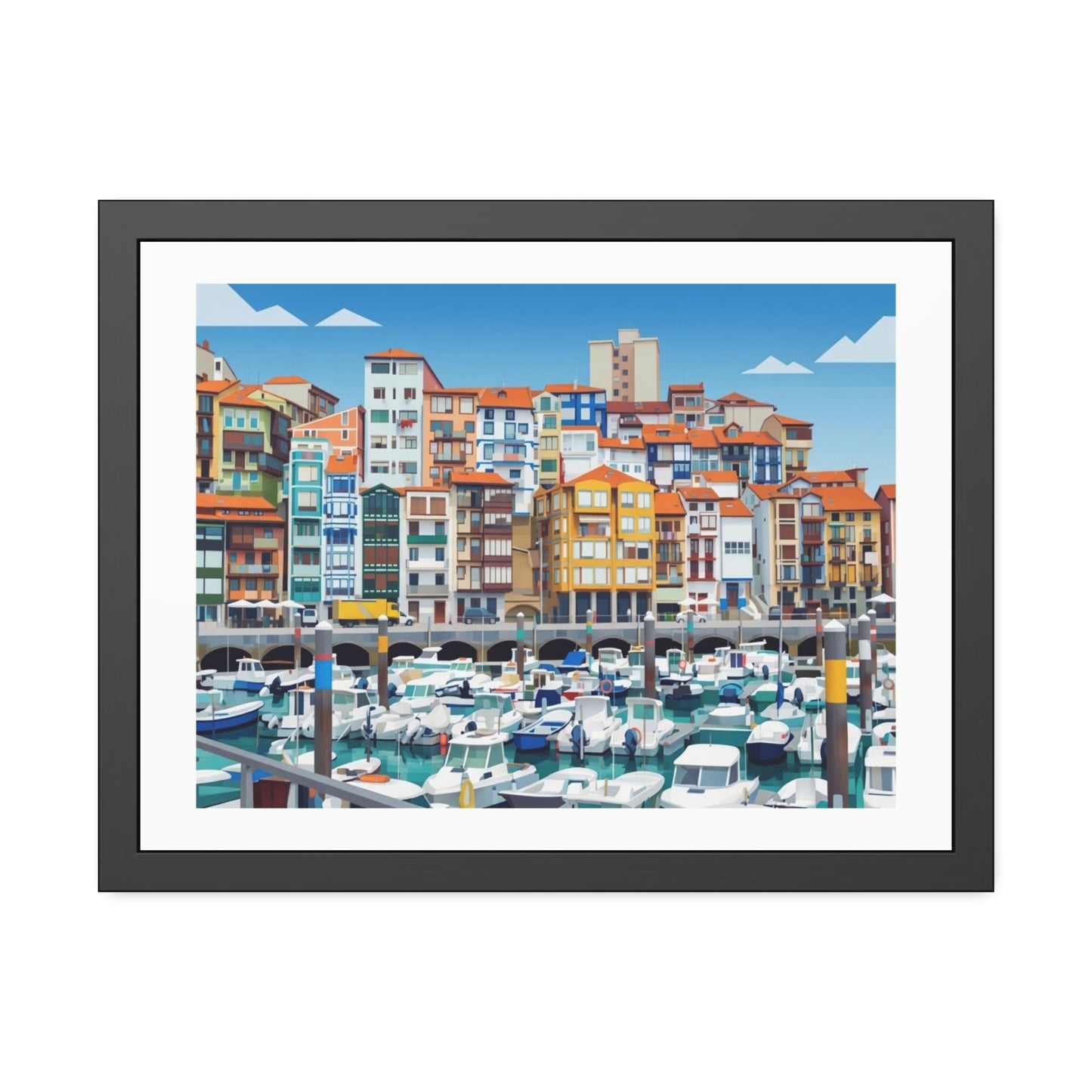 Harbor Marina Framed Poster — Colorful Coastal Cityscape Wall Art