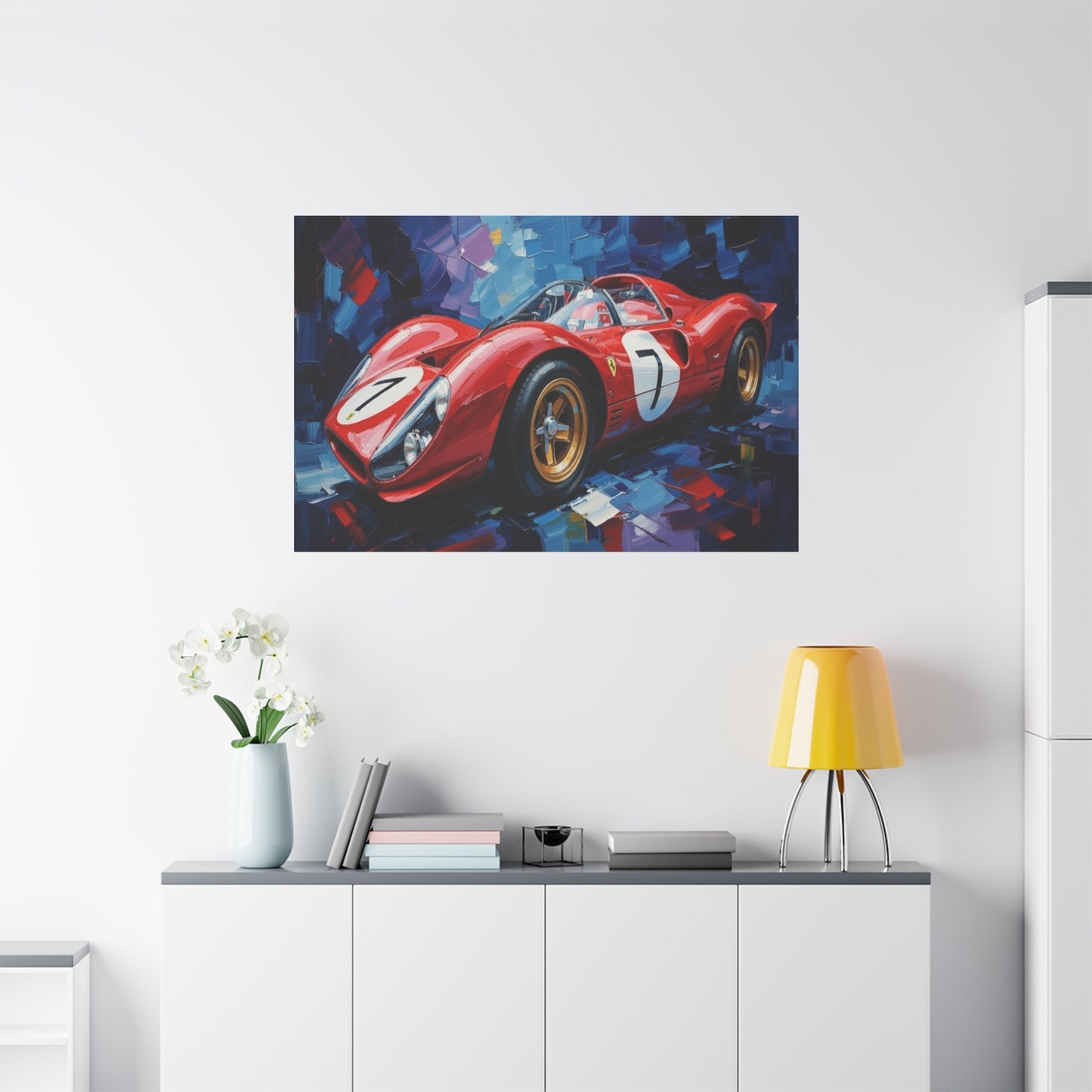 Vintage Ferrari Racing Car Canvas Print — Red Classic Sports Car Artwork (Matte Stretched)