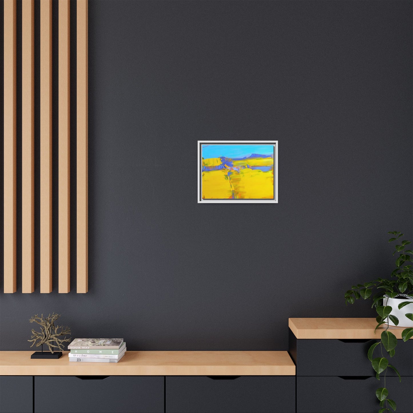 Framed Matte Canvas  Vibrant Yellow Blue Abstract Landscape Art