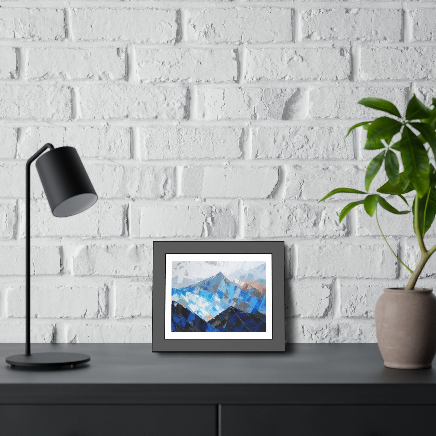 Framed Mountain Art Print — Blue Abstract Landscape Poster