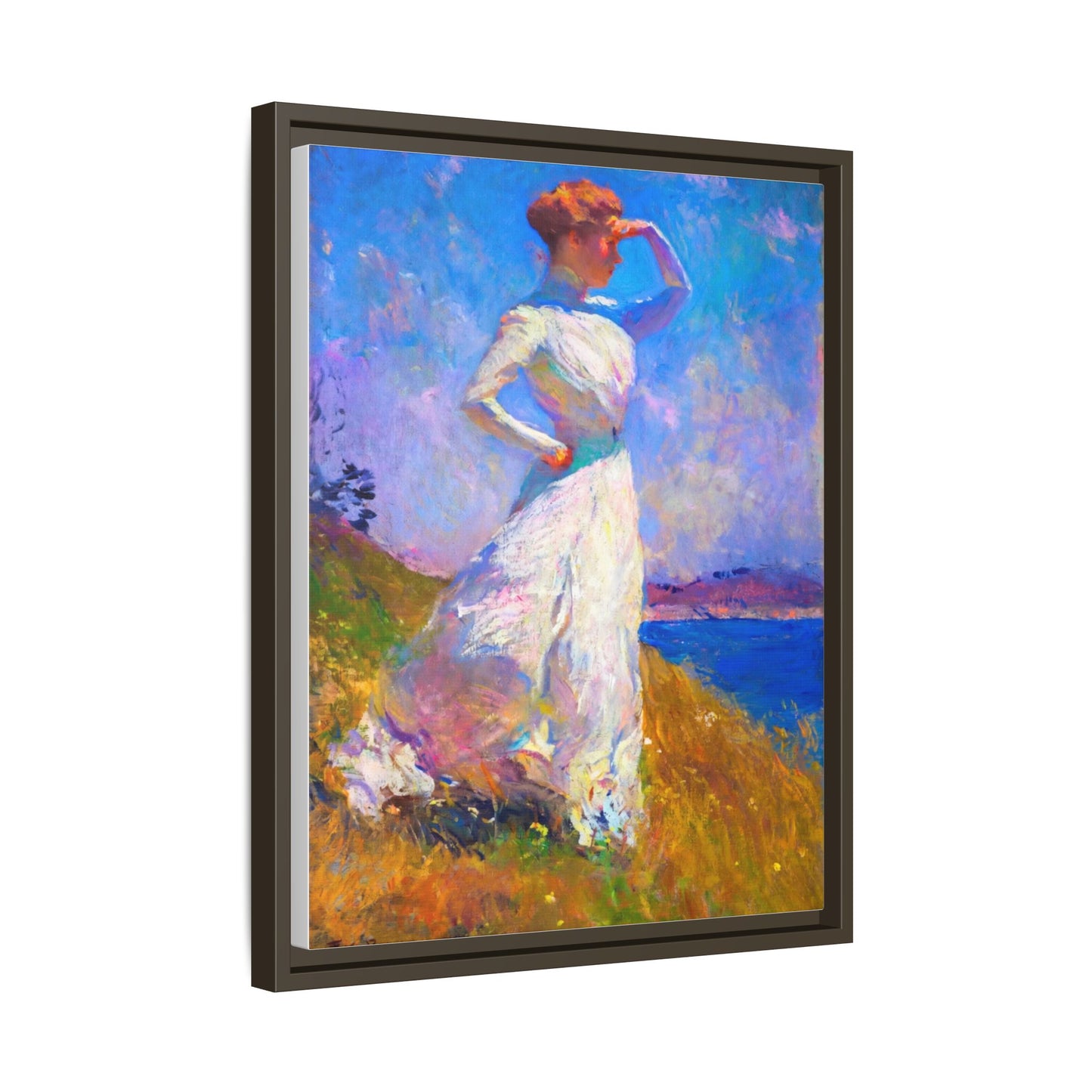 Framed Matte Canvas Art - Woman in White Seaside Impressionist Print