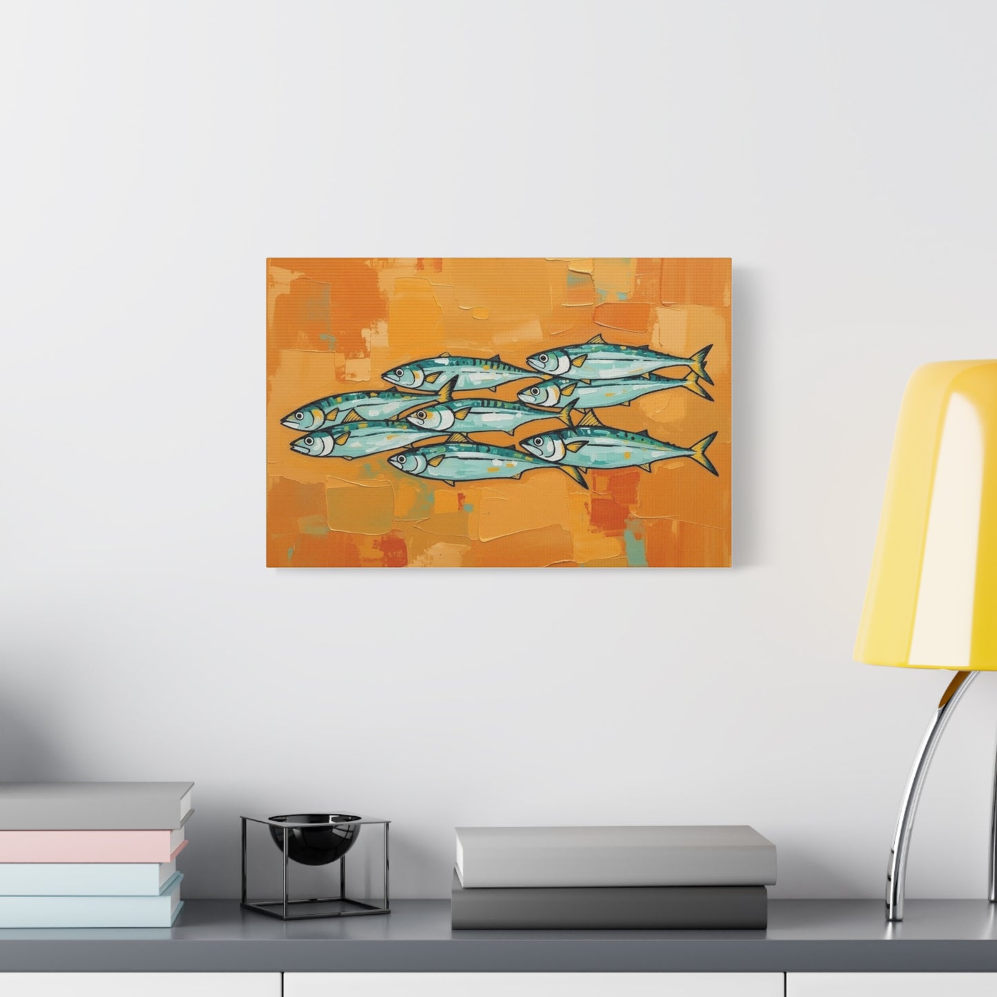 School of Mackerel Canvas Wall Art — Nautical Fish Painting on Orange Background