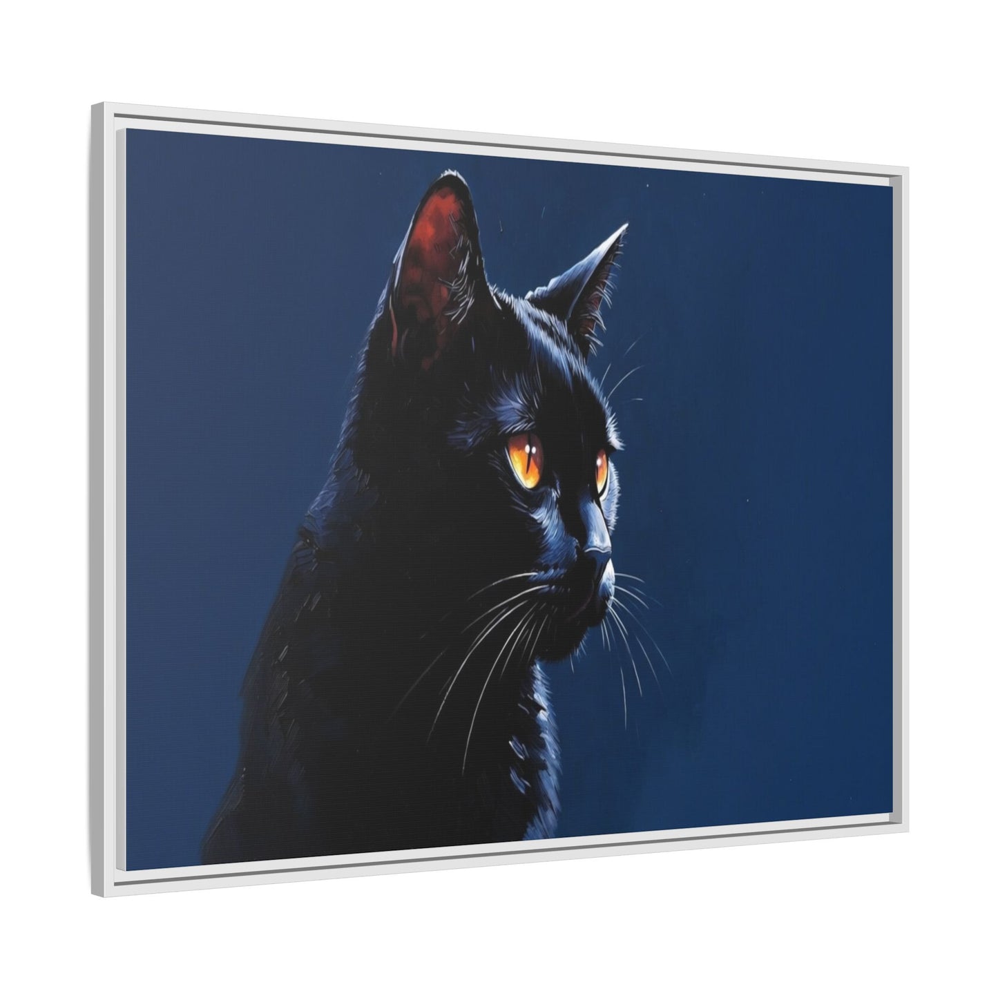 Black Cat Portrait Matte Canvas Framed Wall Art — Dramatic Feline Photo Print