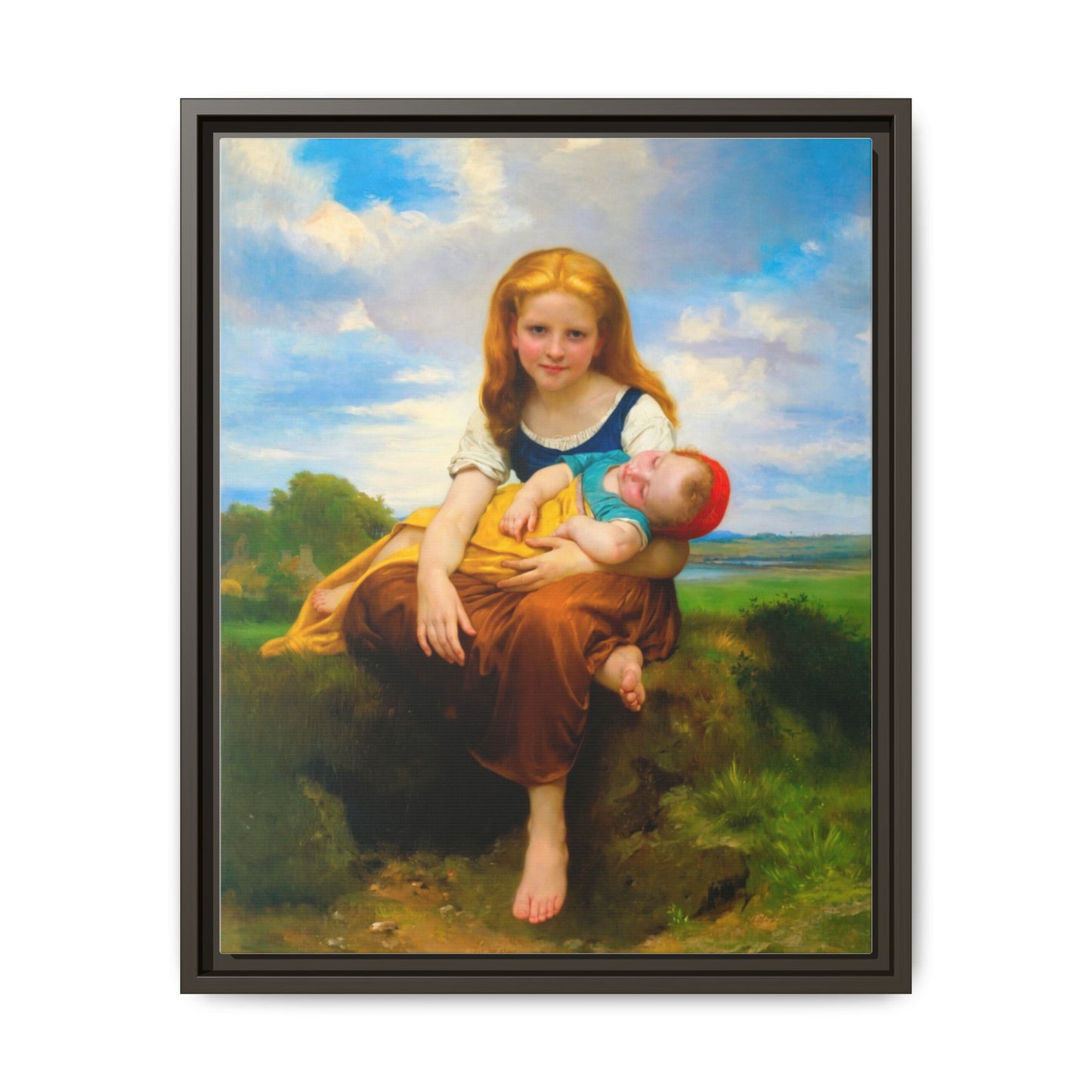 Young Girl Holding Sleeping Baby Canvas Print, Framed Wall Art