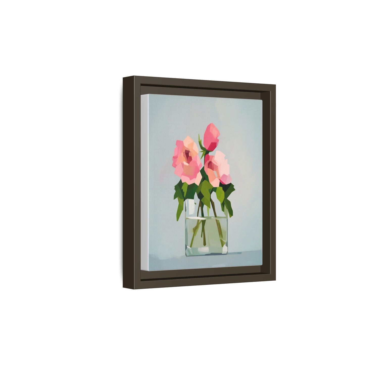 Framed Floral Canvas Print — Pink Roses in Glass Vase (Matte)