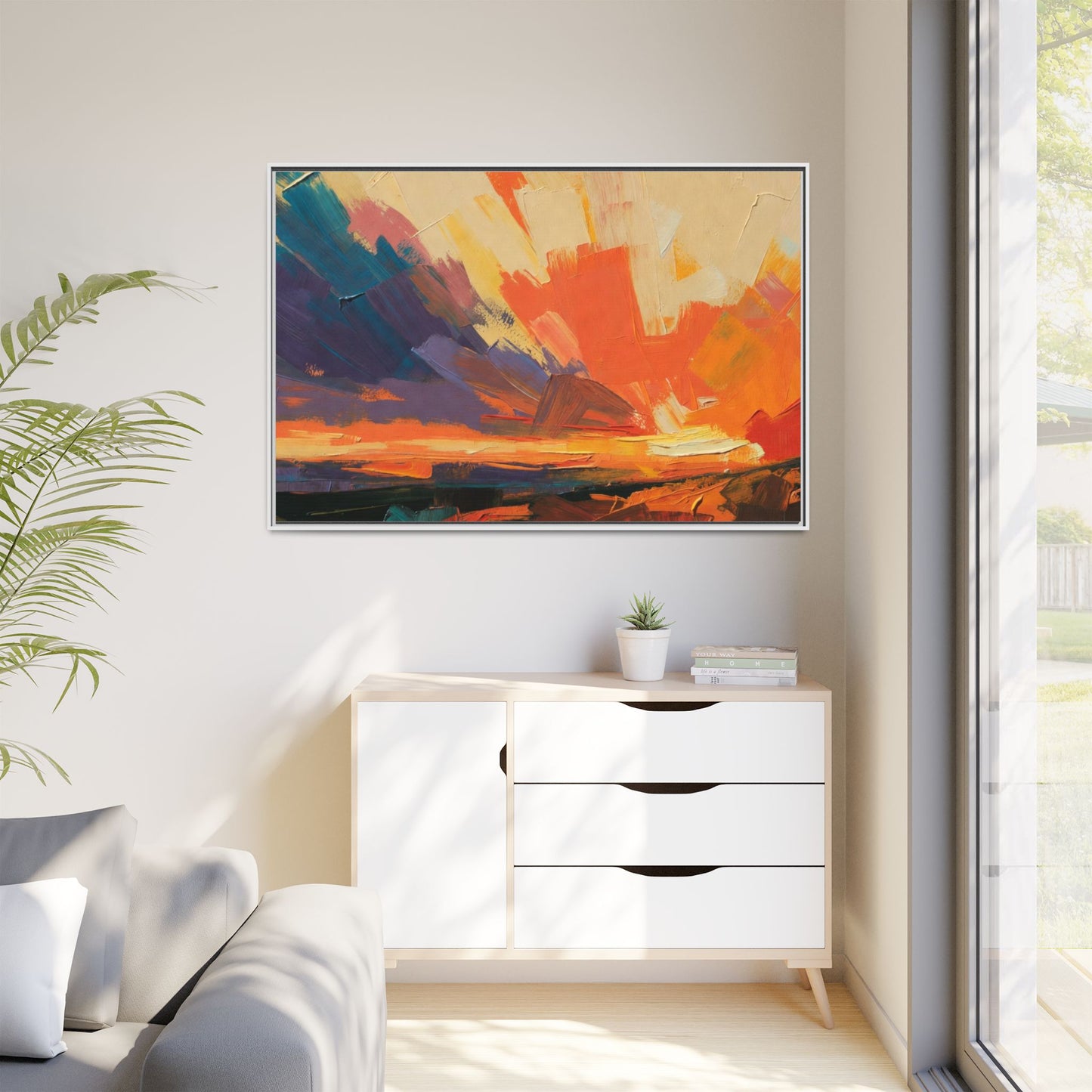Framed Abstract Sunset Canvas Art – Multicolor Matte Wall Decor