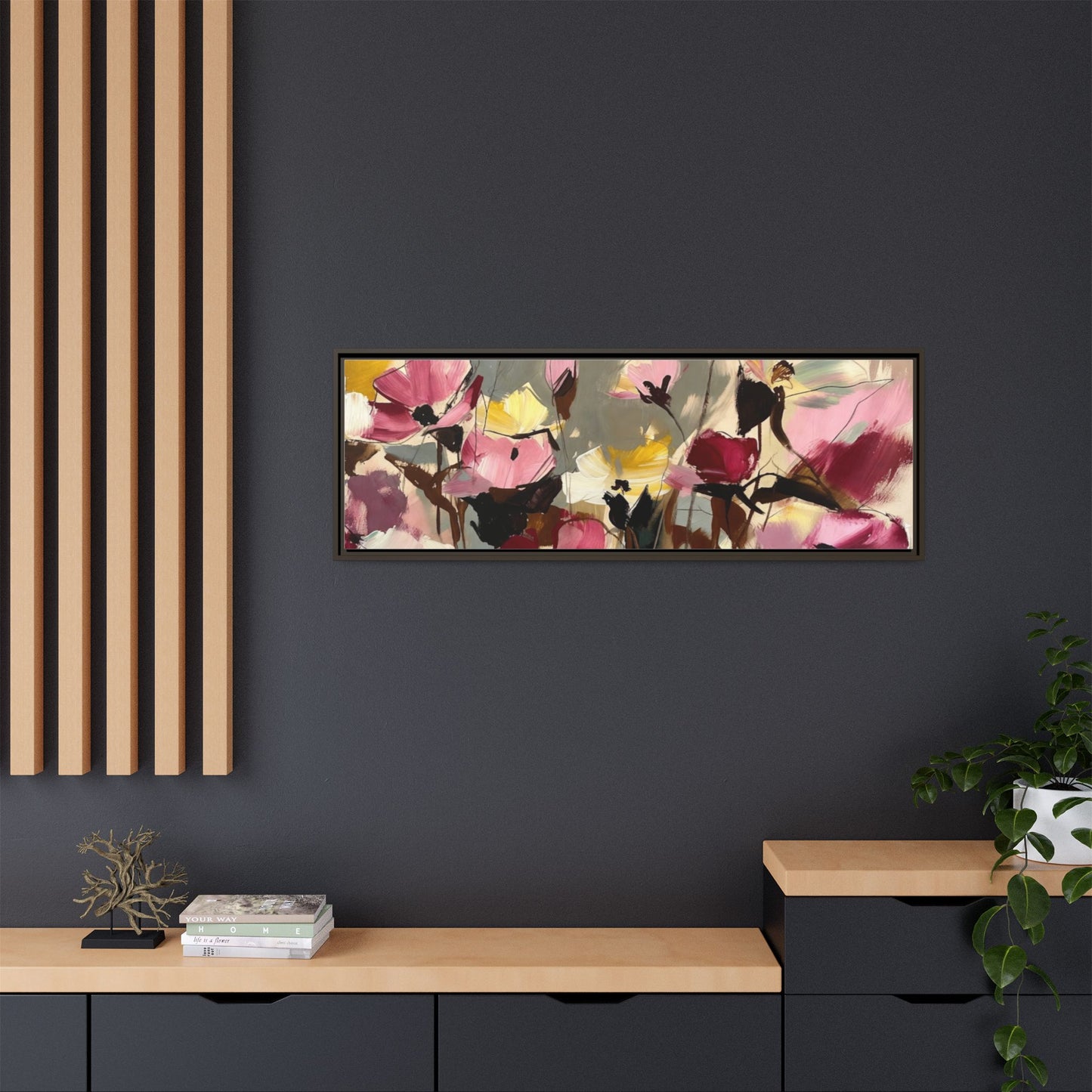 Framed Floral Canvas Wall Art — Abstract Pink & Yellow Flowers