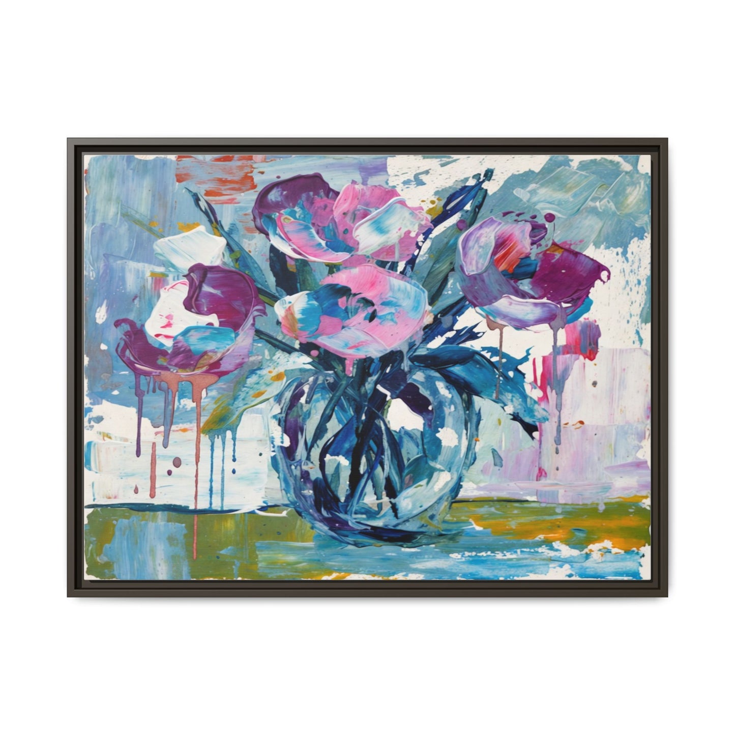 Framed Floral Canvas Art — Abstract Pink & Blue Bouquet