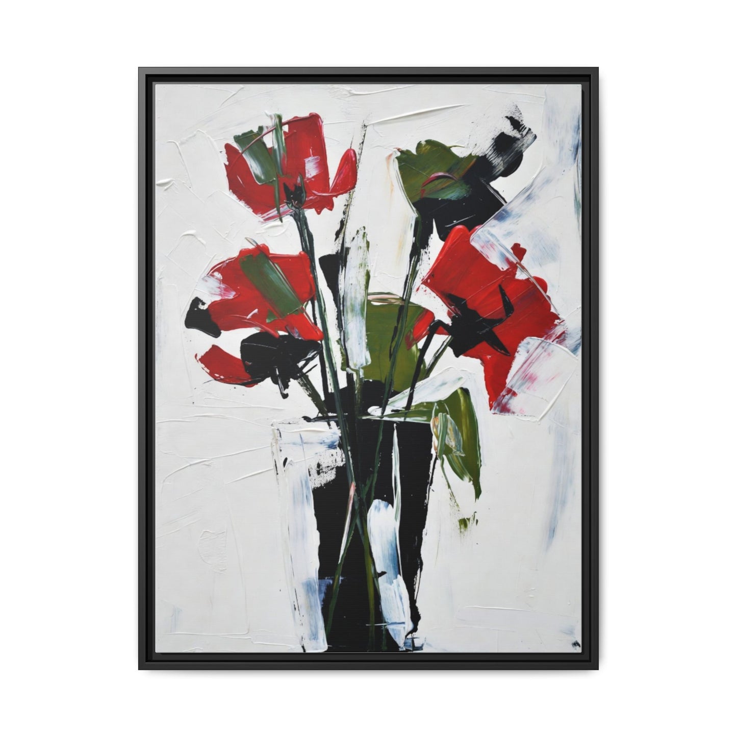 Framed Abstract Floral Canvas Print — Red Poppies in Black Vase