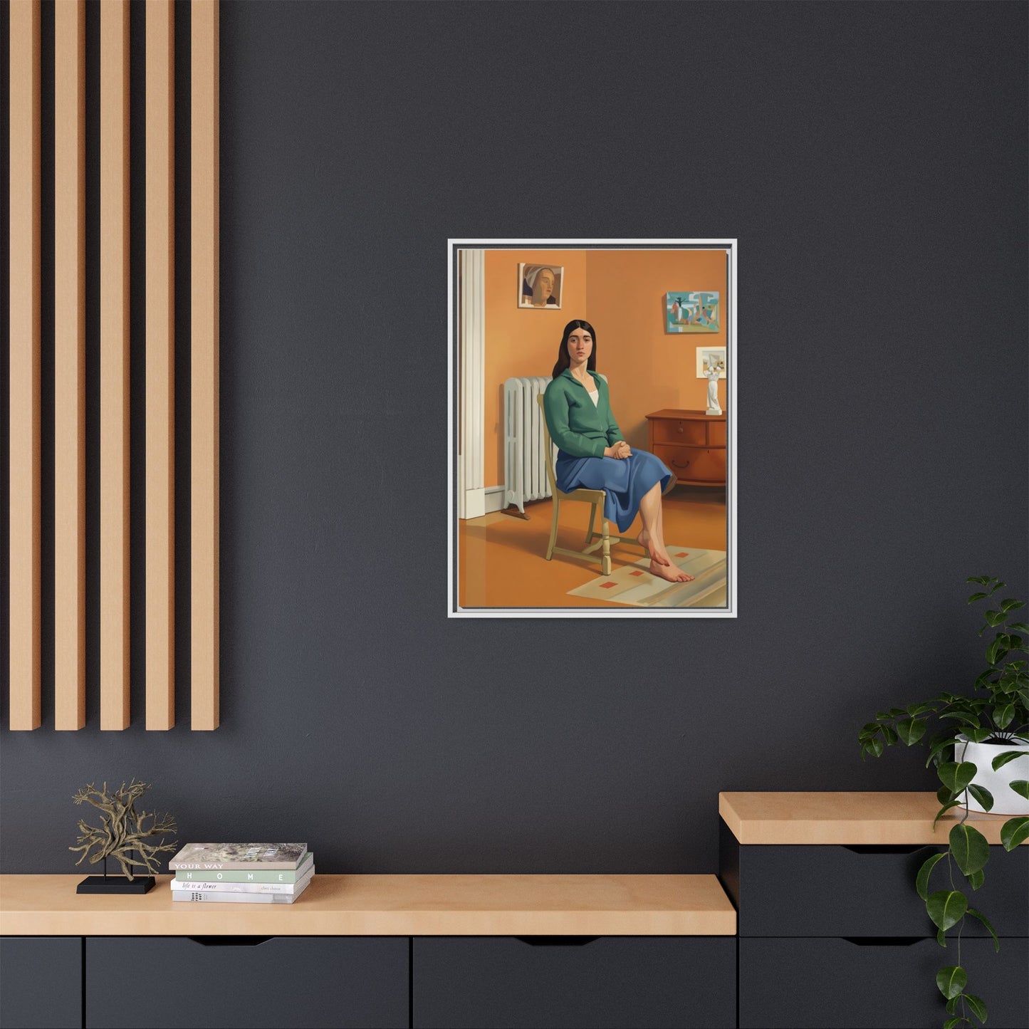 Framed Matte Canvas Print — Woman Seated in Warm Interior (Midcentury Portrait)