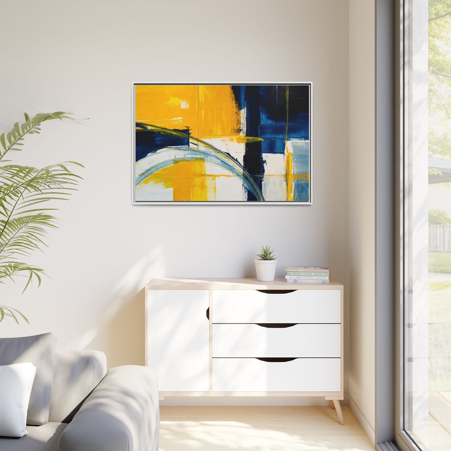 Abstract Yellow & Blue Framed Canvas Wall Art — Modern Matte Canvas Print