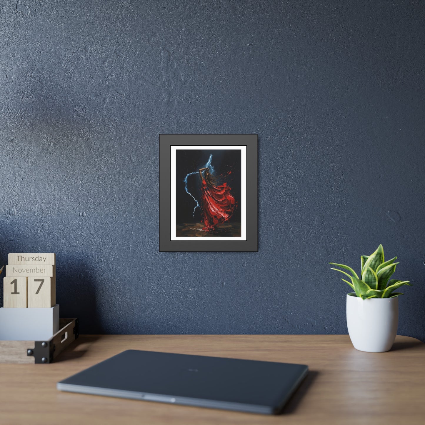 Framed Poster — Red-Dressed Dancer with Lightning Art Print