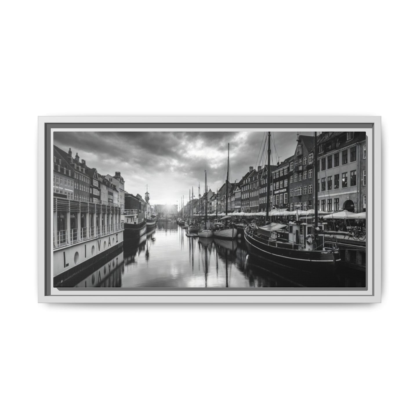 Framed Matte Canvas: Black & White Dutch Canal Photography Wall Art