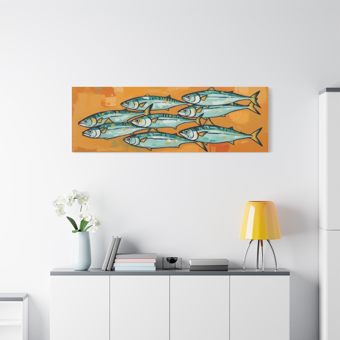 School of Mackerel Canvas Wall Art — Nautical Fish Painting on Orange Background