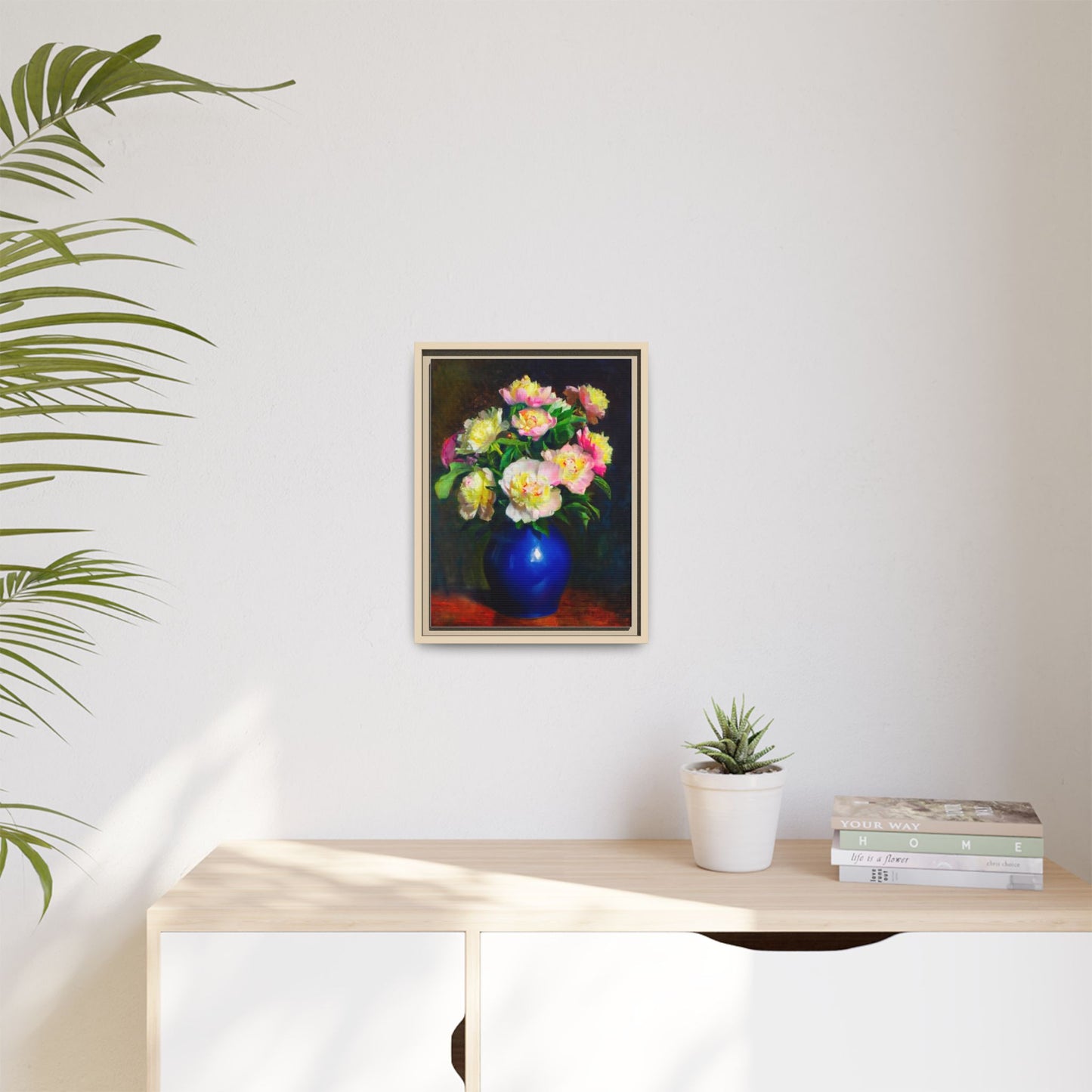 Framed Matte Canvas Wall Art — Vintage Floral Bouquet in Blue Vase