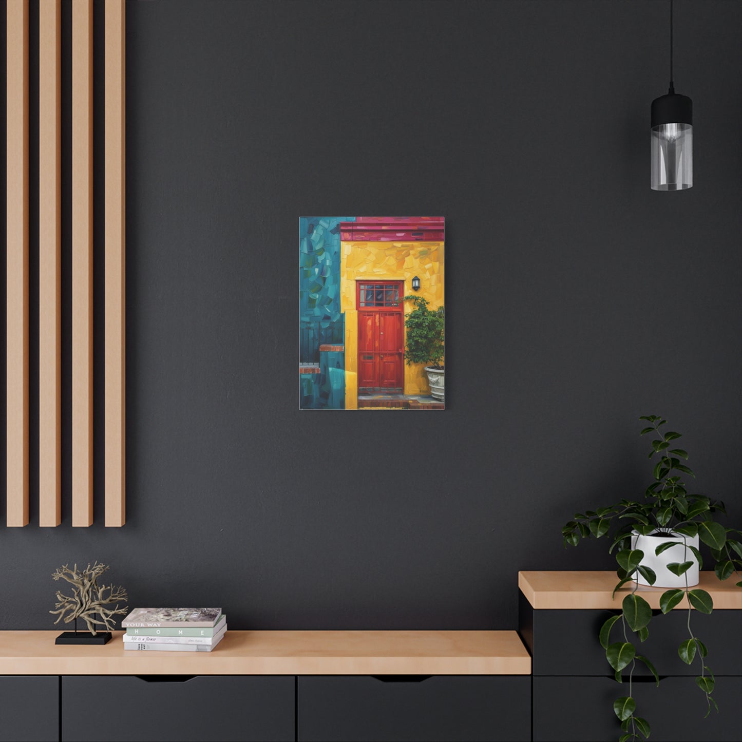 Colorful Doorway Canvas Wall Art — Vibrant Yellow & Teal Street Scene, Matte Stretched Print