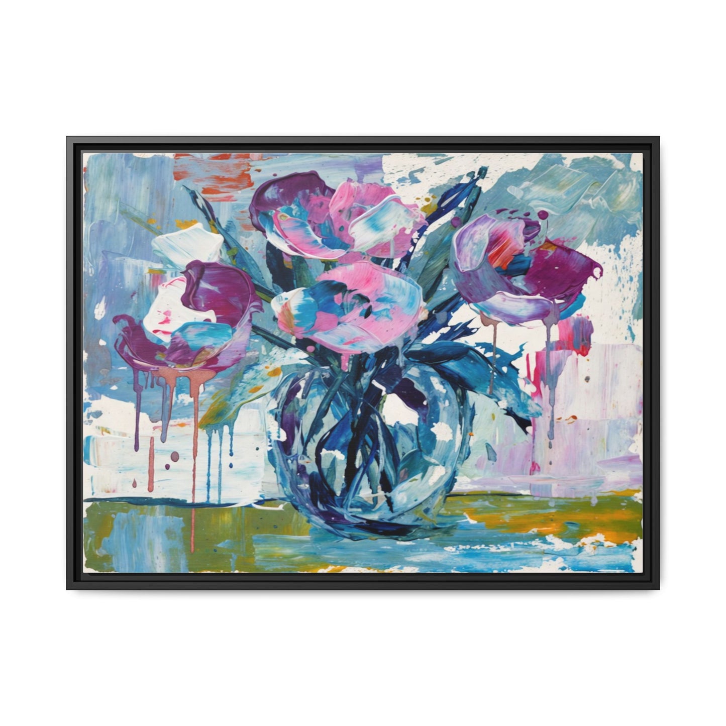 Framed Floral Canvas Art — Abstract Pink & Blue Bouquet