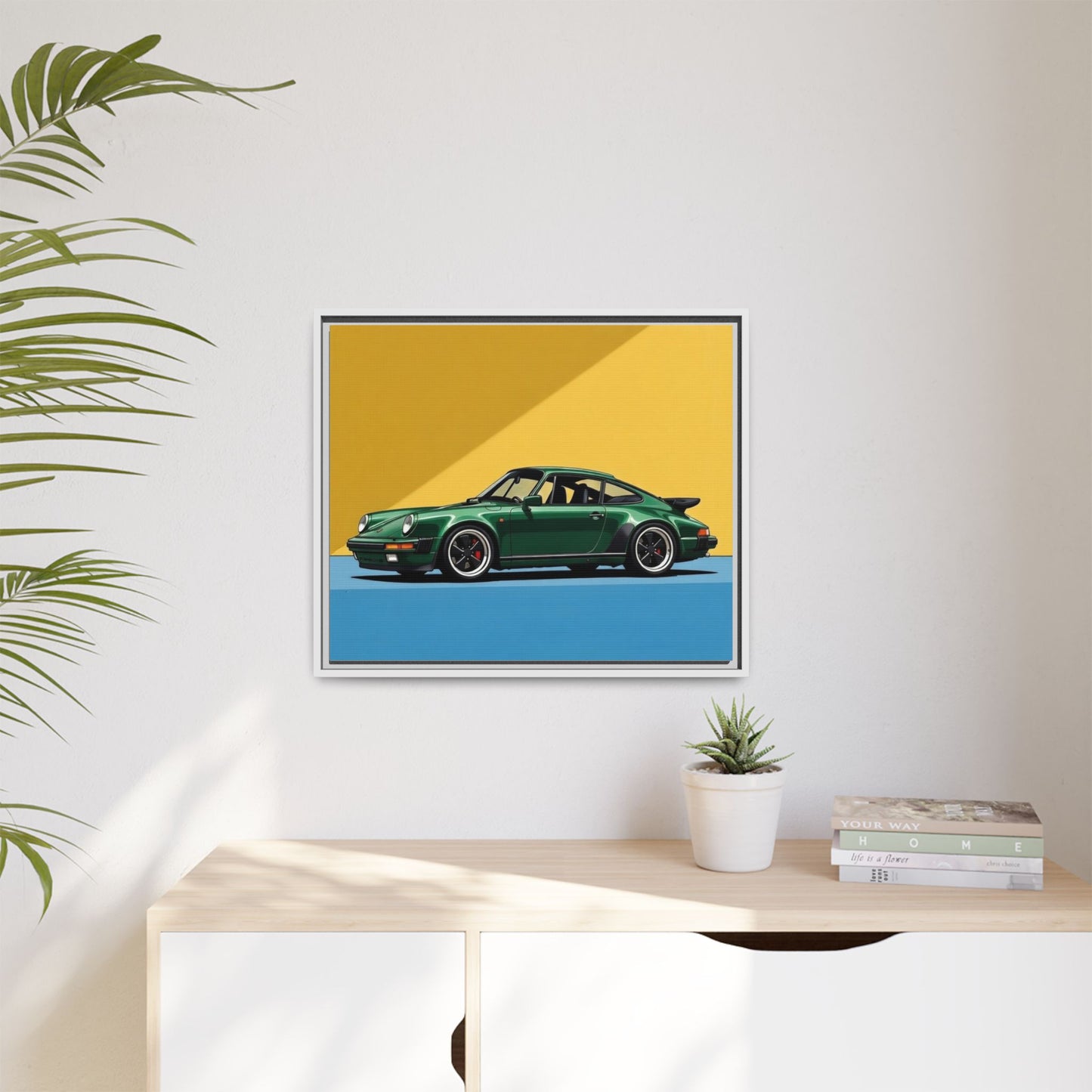 Framed Matte Canvas — Green Sports Car Wall Art