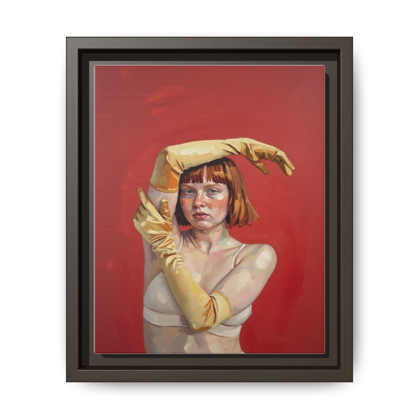 Framed Matte Canvas Art - Portrait of Woman in Yellow Gloves (Red Background)