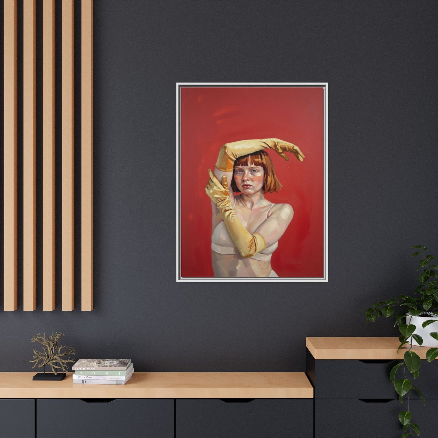 Framed Matte Canvas Art - Portrait of Woman in Yellow Gloves (Red Background)