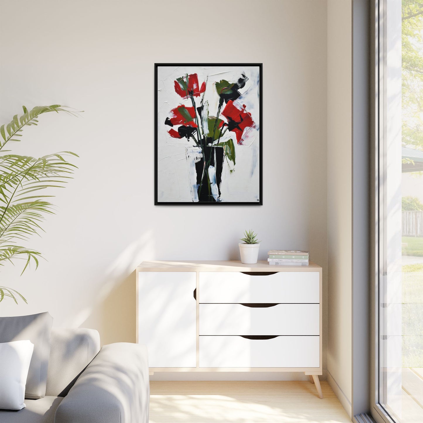Framed Abstract Floral Canvas Print — Red Poppies in Black Vase