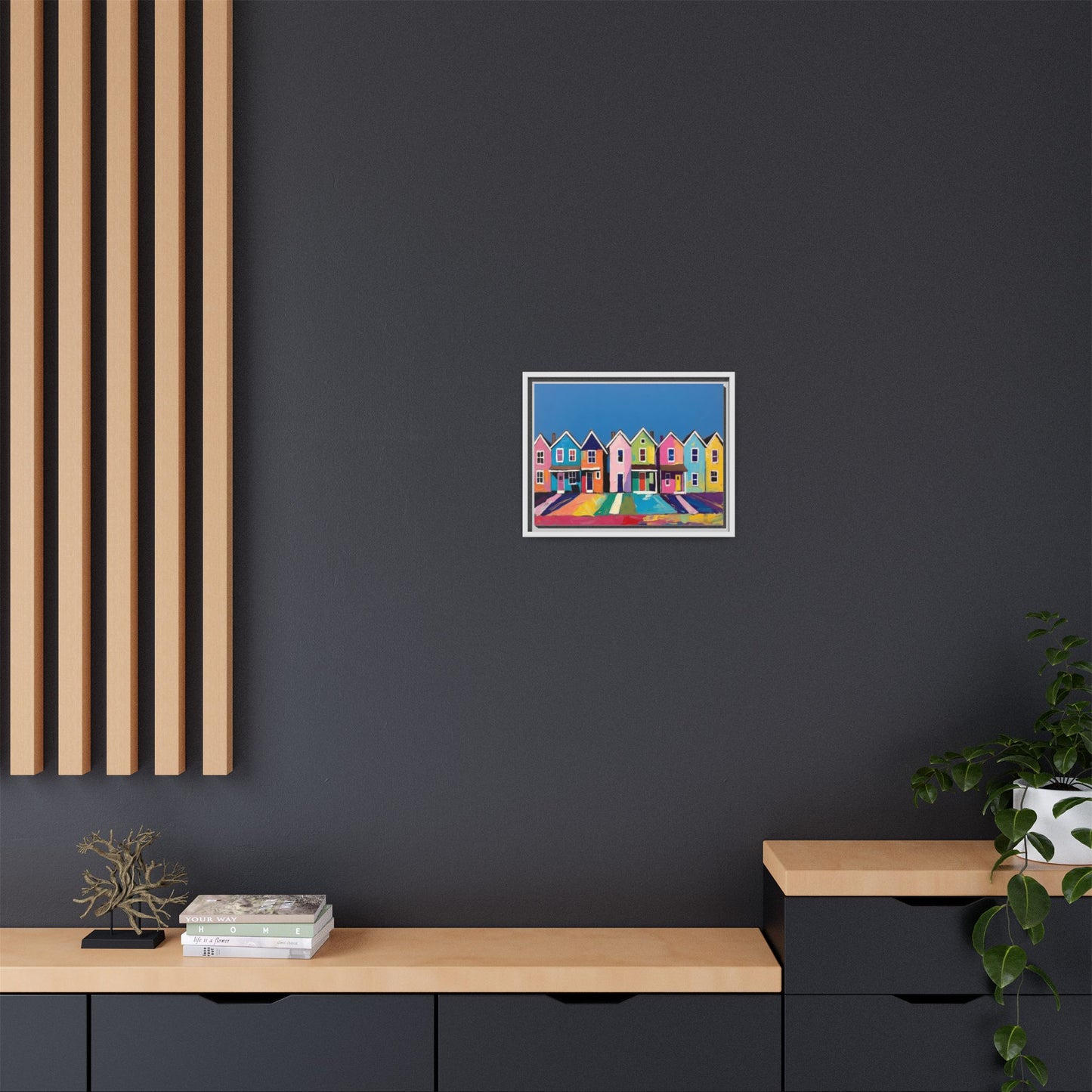Colorful Beach Houses Matte Canvas Framed Wall Art