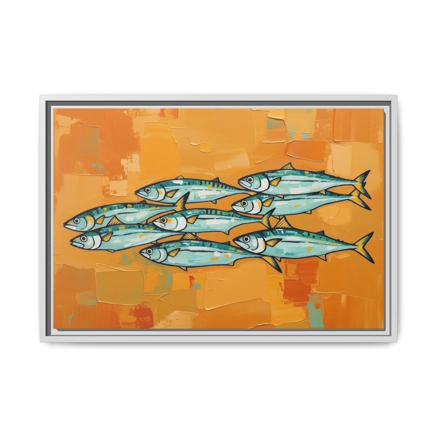 Framed Matte Canvas Print — School of Blue Fish on Orange Abstract Background