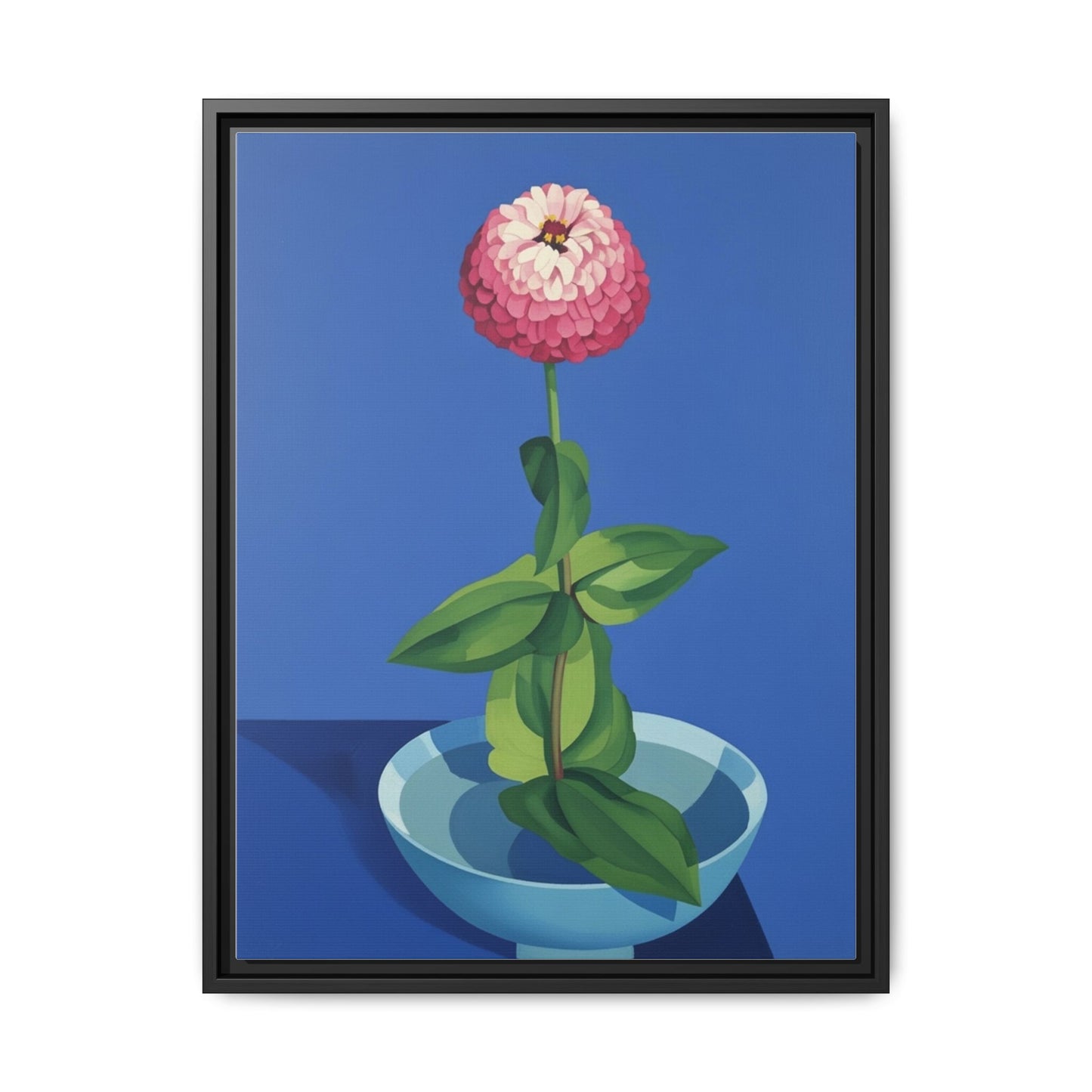 Framed Matte Canvas Art — Pink Zinnia in Blue Bowl (Botanical Still Life)