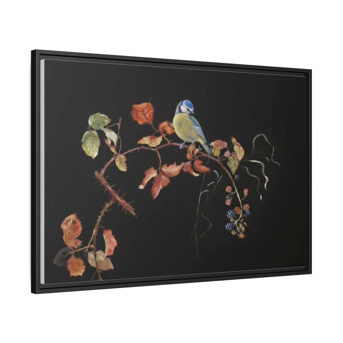 Framed Matte Canvas - Blue Tit on Autumn Branch Wall Art