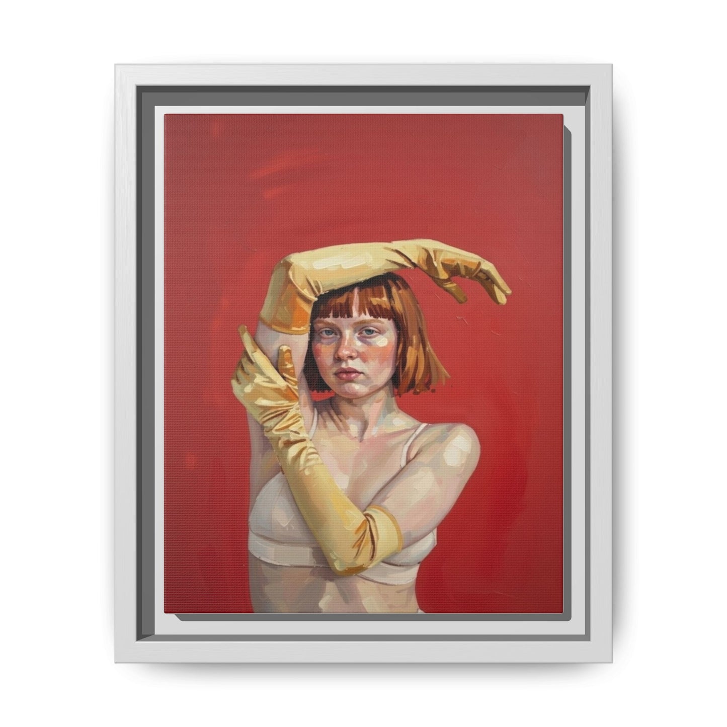 Framed Matte Canvas Art - Portrait of Woman in Yellow Gloves (Red Background)
