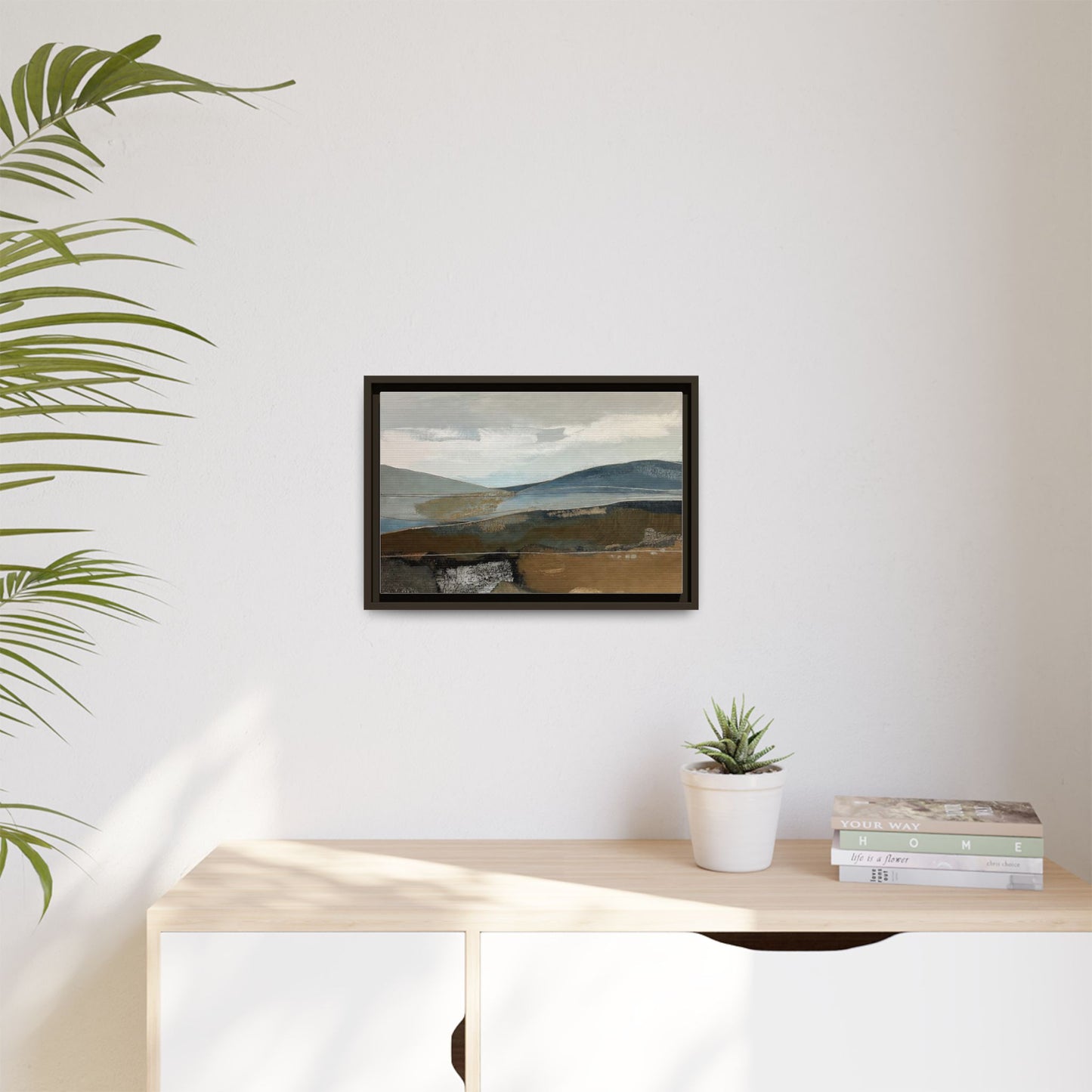 Framed Matte Canvas Landscape Art - Serene Abstract Hills in Blue & Earth Tones
