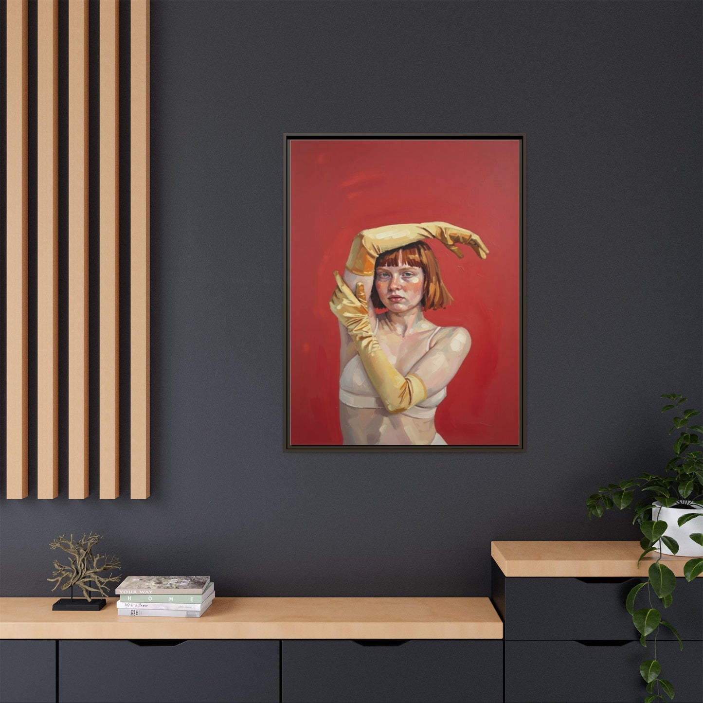 Framed Matte Canvas Art - Portrait of Woman in Yellow Gloves (Red Background)