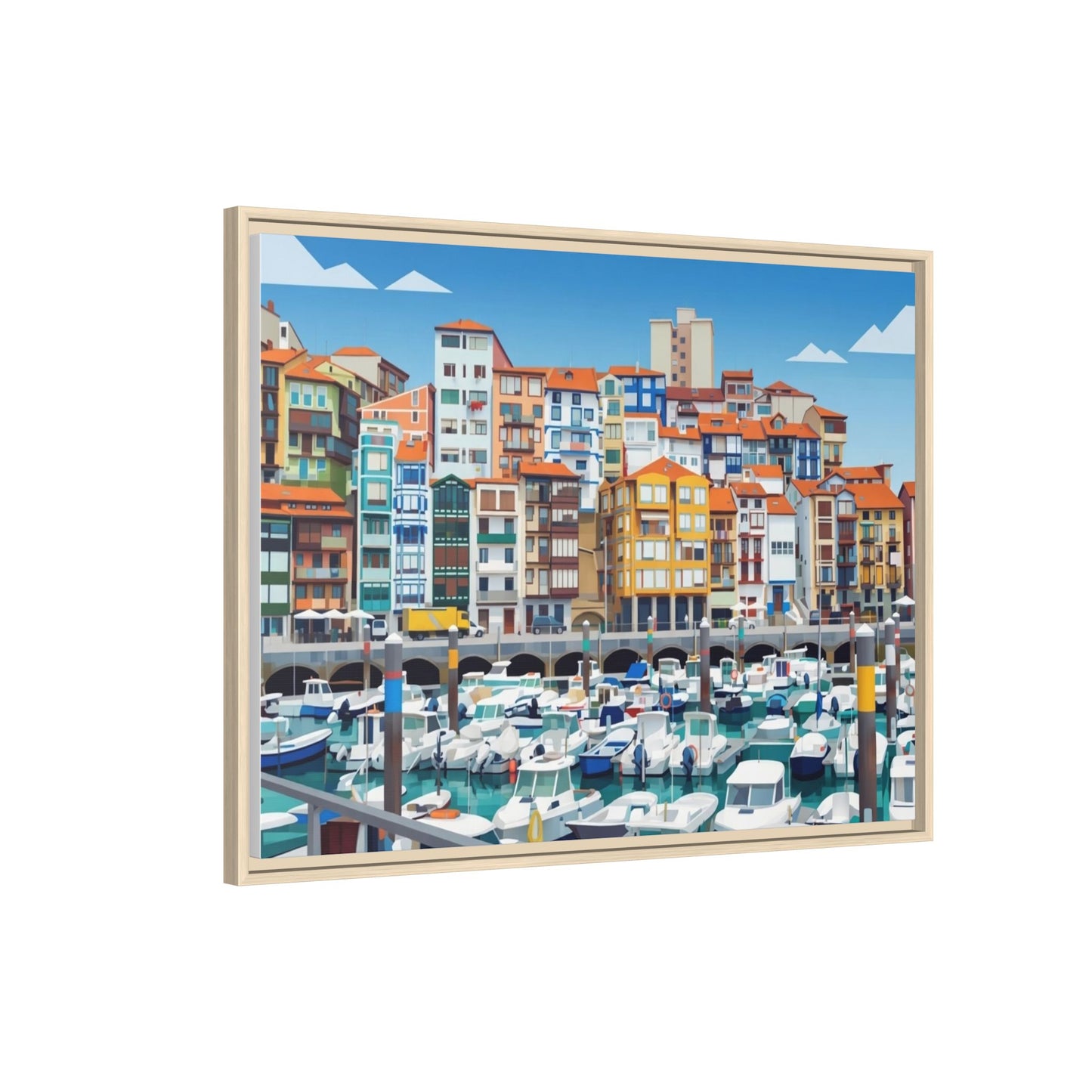 Framed Matte Canvas Print — Colorful Mediterranean Harbor Illustration