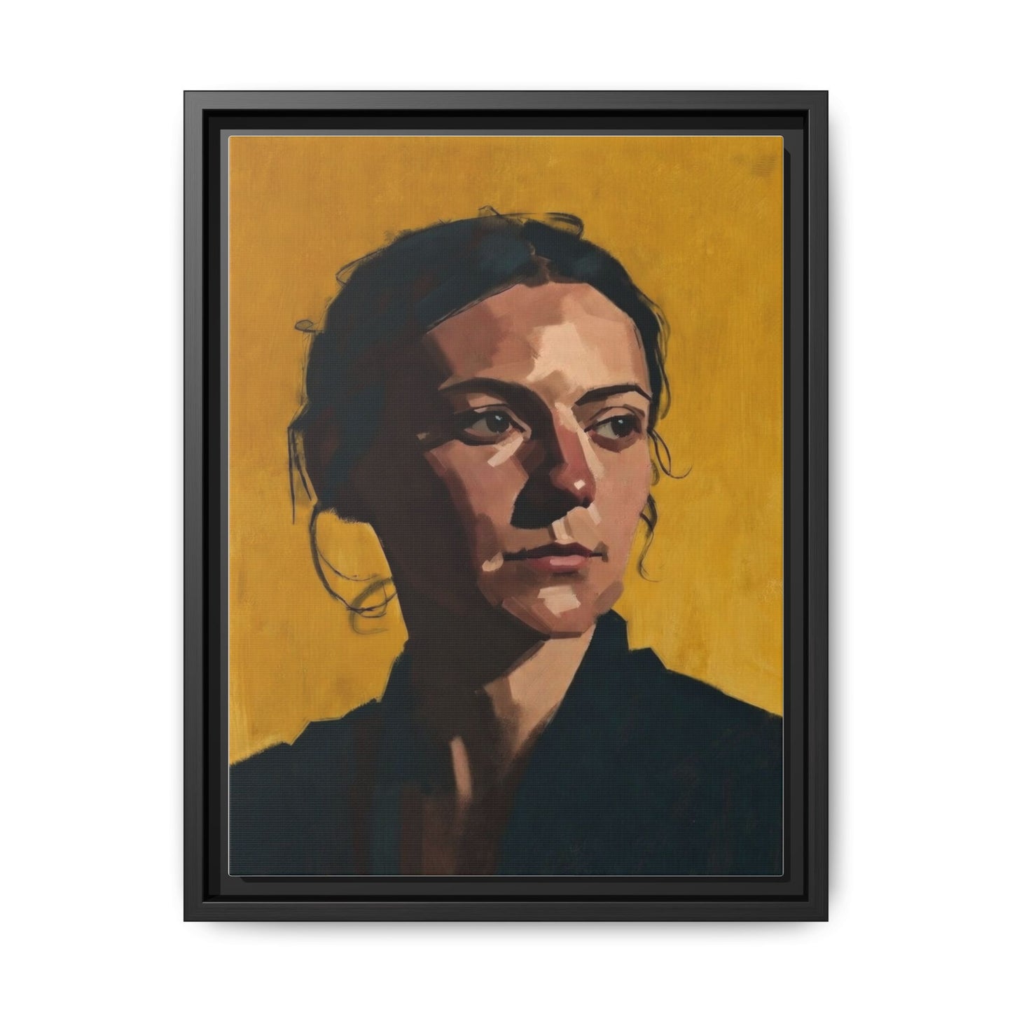 Framed Matte Canvas Portrait Art — Moody Woman on Mustard Background