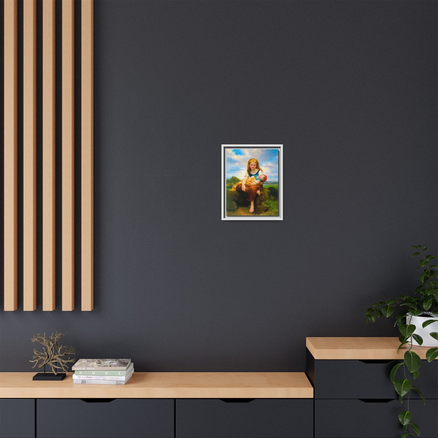 Young Girl Holding Sleeping Baby Canvas Print, Framed Wall Art