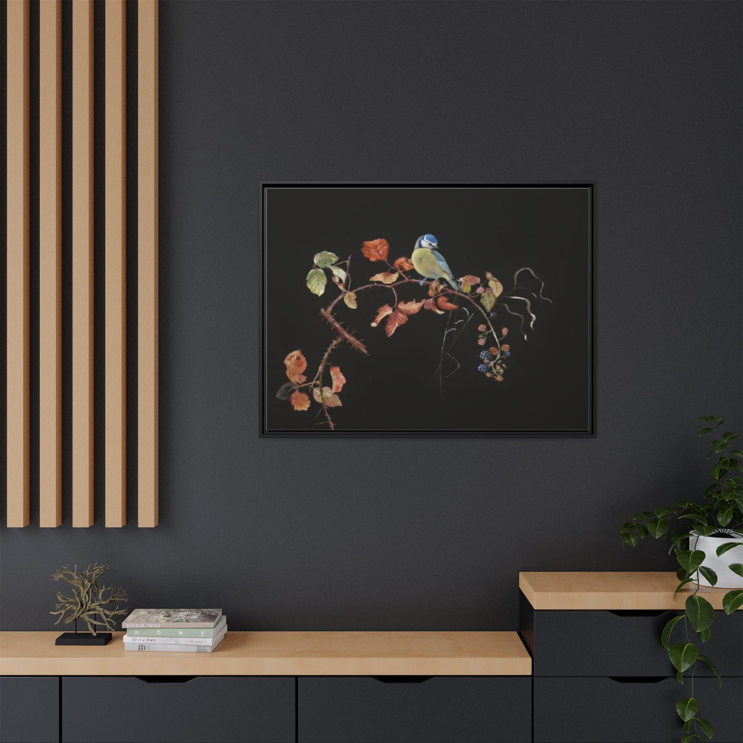 Framed Matte Canvas - Blue Tit on Autumn Branch Wall Art