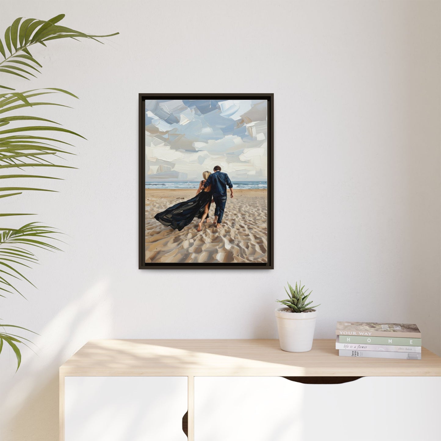 Framed Canvas Wall Art — Romantic Couple Walking on Beach Print