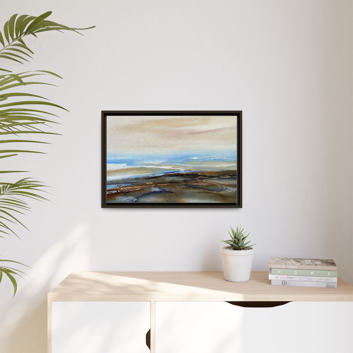 Framed Abstract Seascape Matte Canvas — Coastal Blue & Earth Tone Wall Art