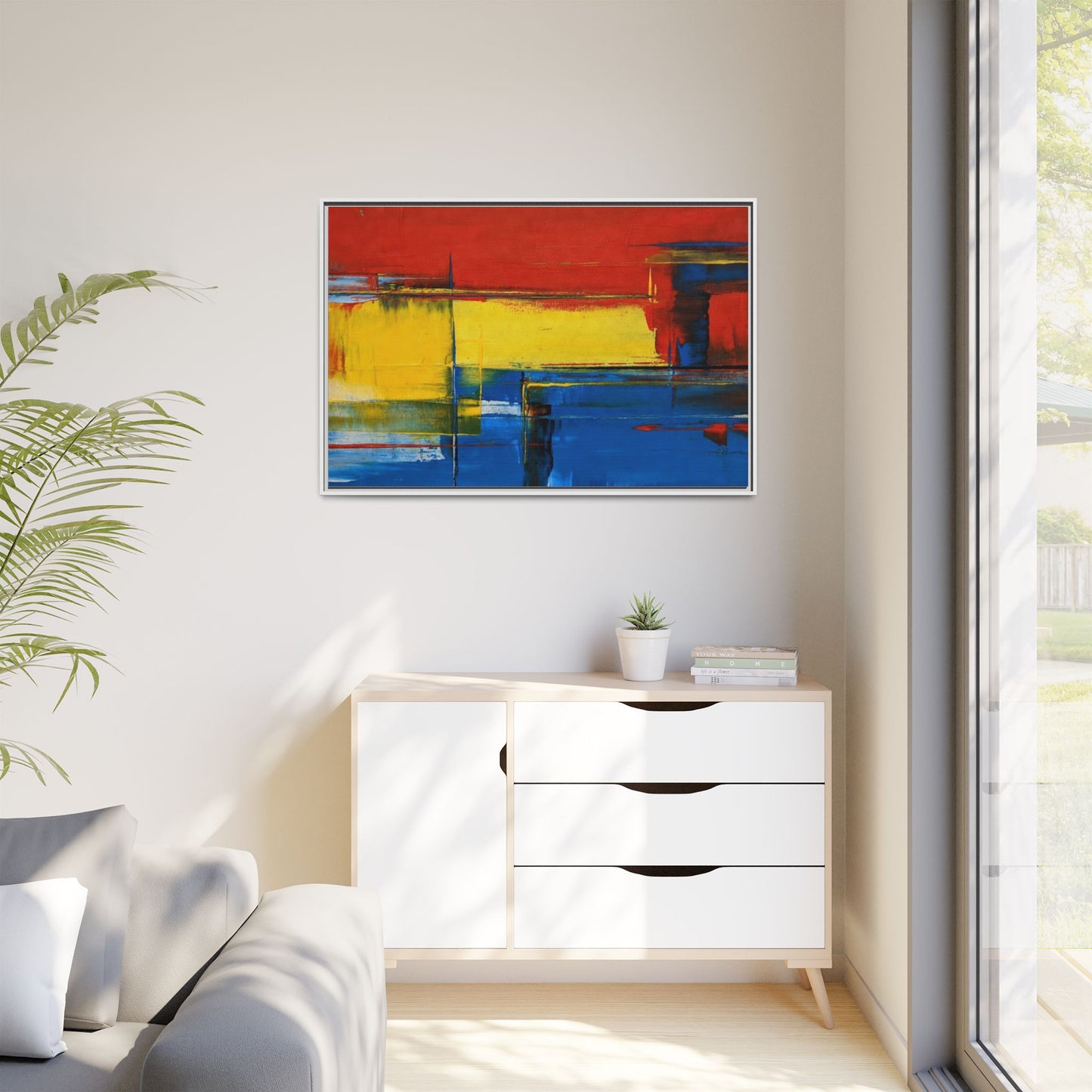 Abstract Color Block Matte Canvas Framed Wall Art — Modern Red Yellow Blue Painting