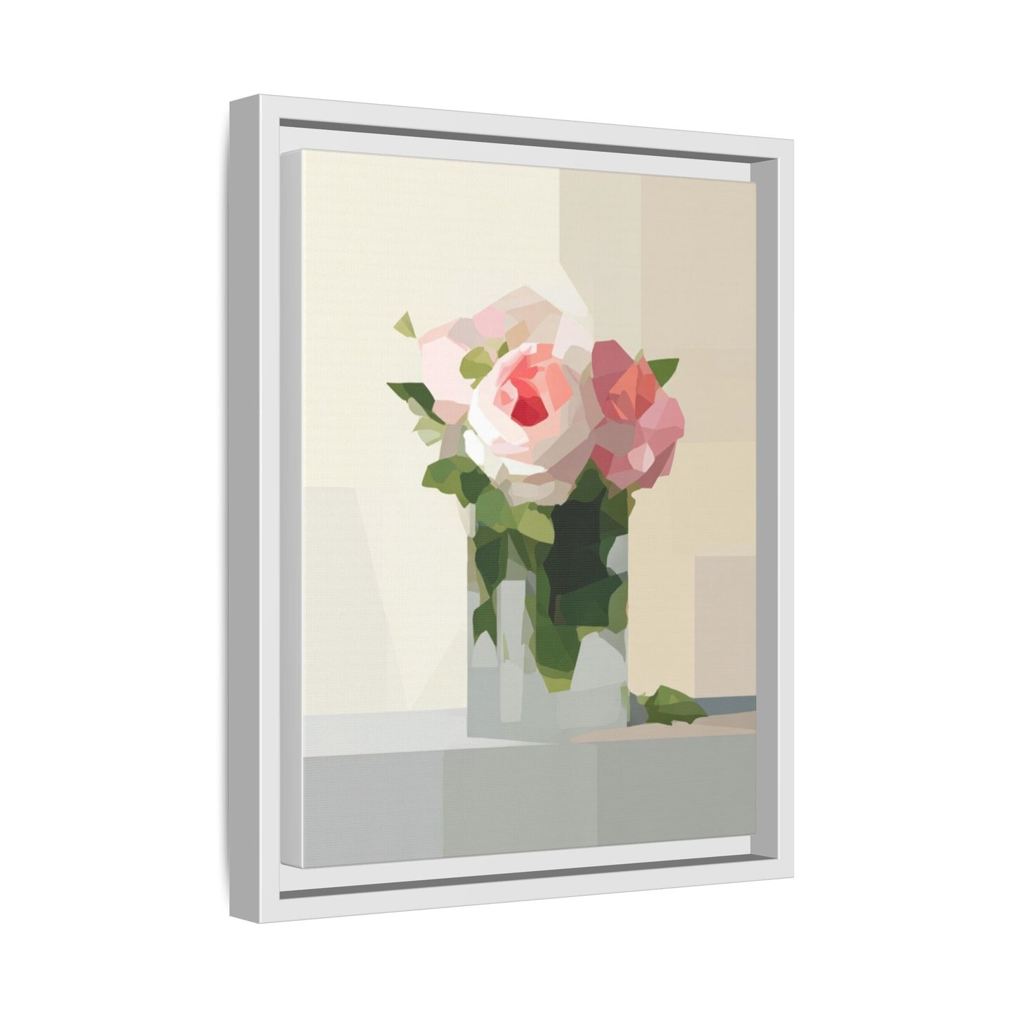Framed Floral Canvas Print — Geometric Pink Rose Wall Art